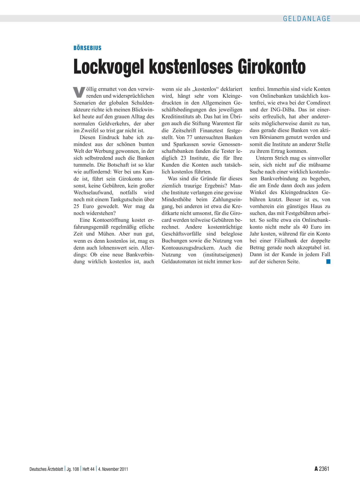 Vorschauseite 1: Börsebius: Lockvogel kostenloses Girokonto – Deutsches Ärzteblatt