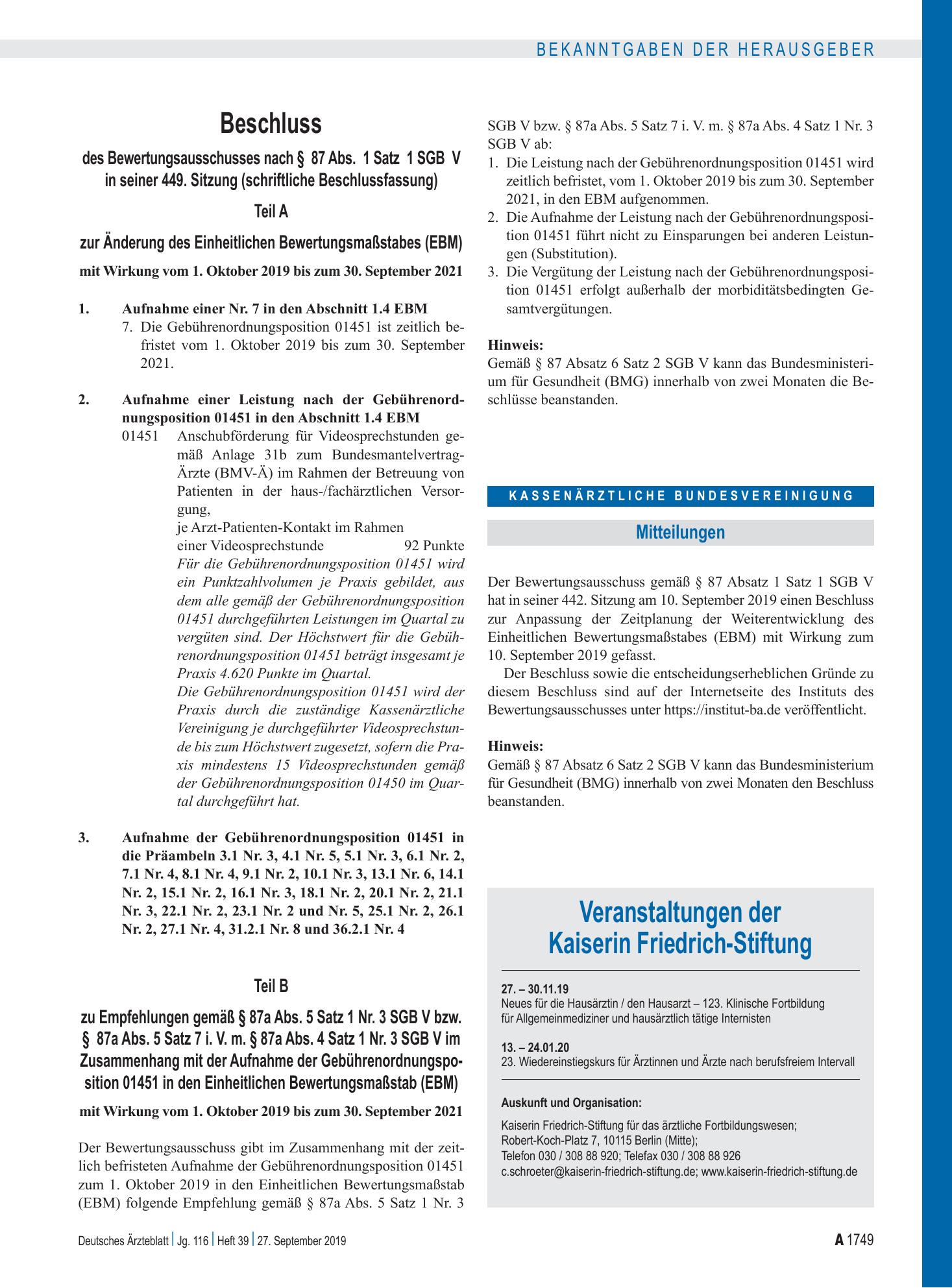 Vorschauseite 1: Mitteilungen – Deutsches Ärzteblatt