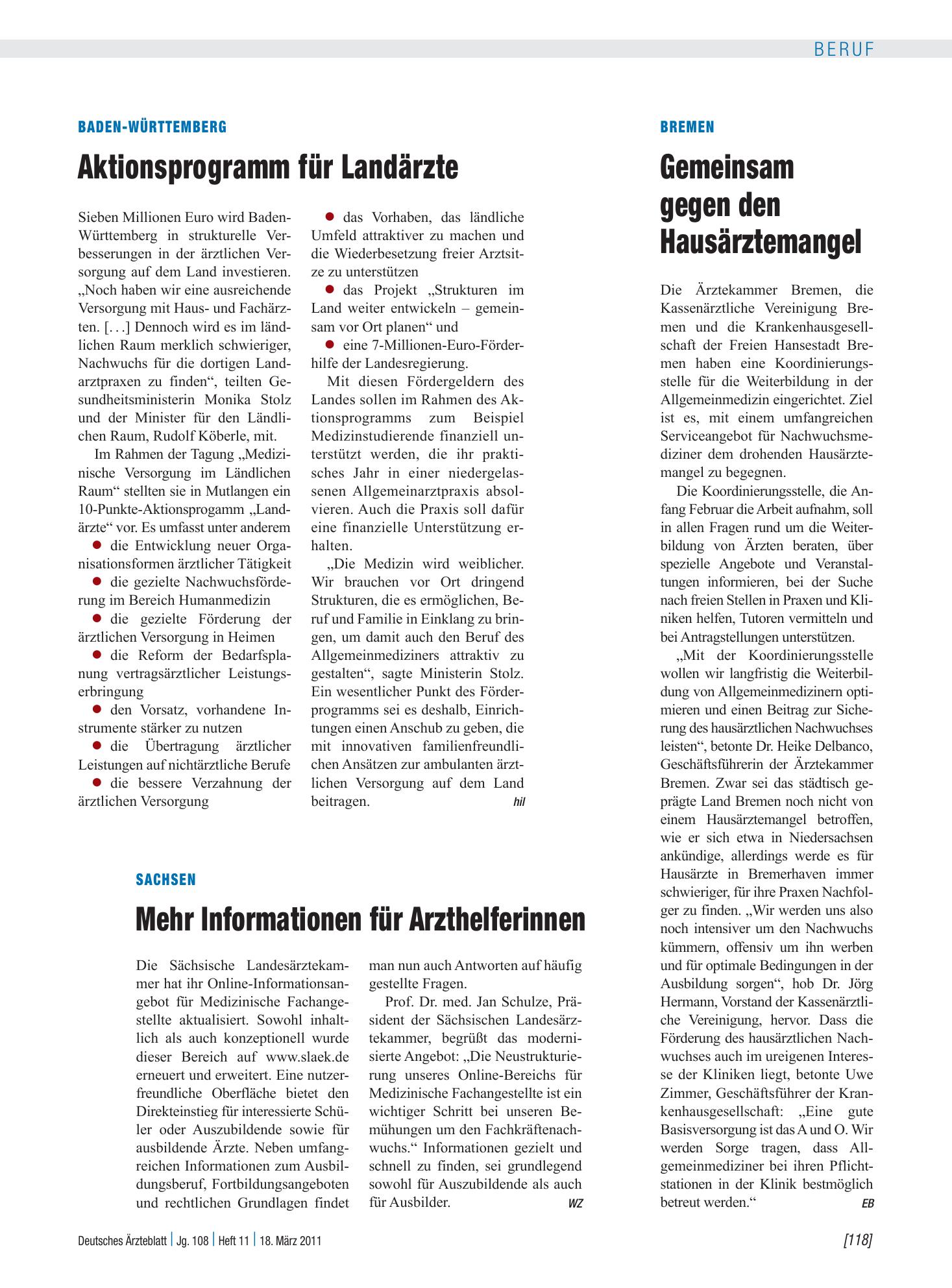Vorschauseite 1: Baden-Württemberg: Aktionsprogramm für Landärzte – Deutsches Ärzteblatt