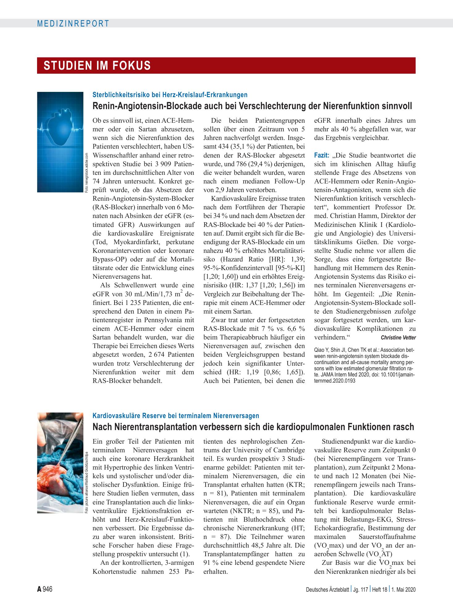Vorschauseite 1: Kardiovaskuläre Reserve bei terminalem Nierenversagen: Nach Nierentransplantation verbessern sich die kardiopulmonalen Funktionen rasch – Deutsches Ärzteblatt