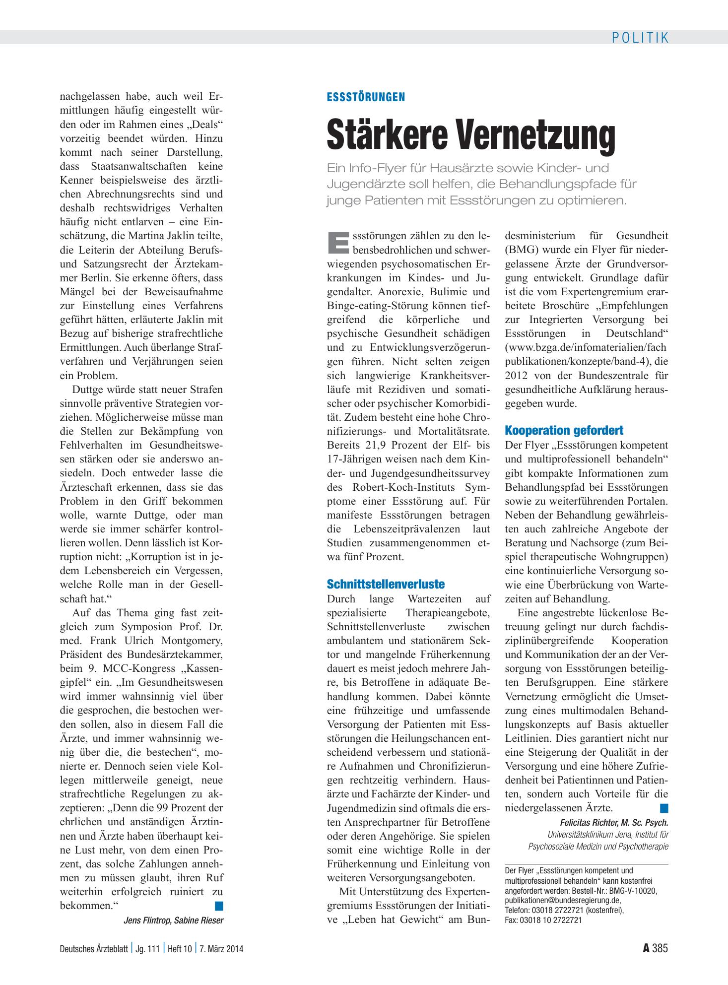 Vorschauseite 1: Essstörungen: Stärkere Vernetzung – Deutsches Ärzteblatt