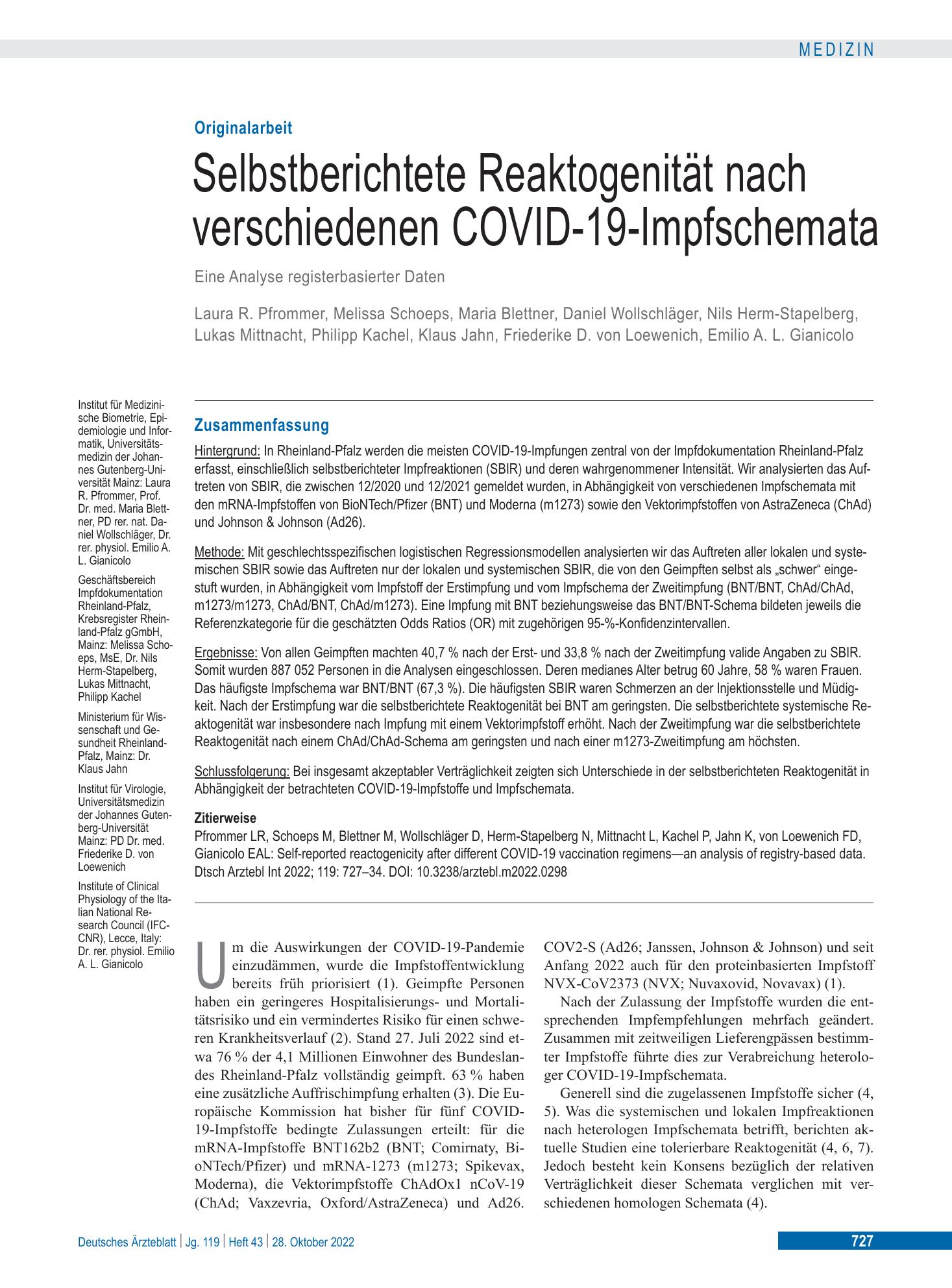 Vorschauseite 1: Selbstberichtete Reaktogenität nach verschiedenen COVID-19-Impfschemata – Deutsches Ärzteblatt