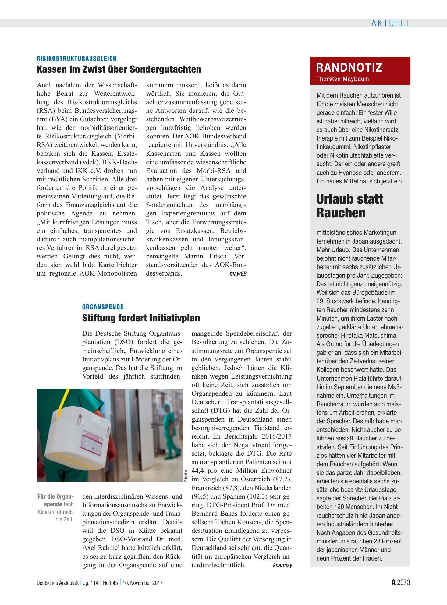 Vorschauseite 1: Organspende: Stiftung fordert Initiativplan – Deutsches Ärzteblatt