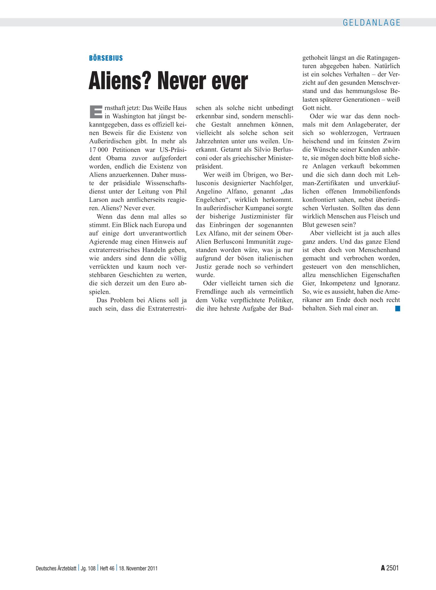 Vorschauseite 1: Börsebius: Aliens? Never ever – Deutsches Ärzteblatt