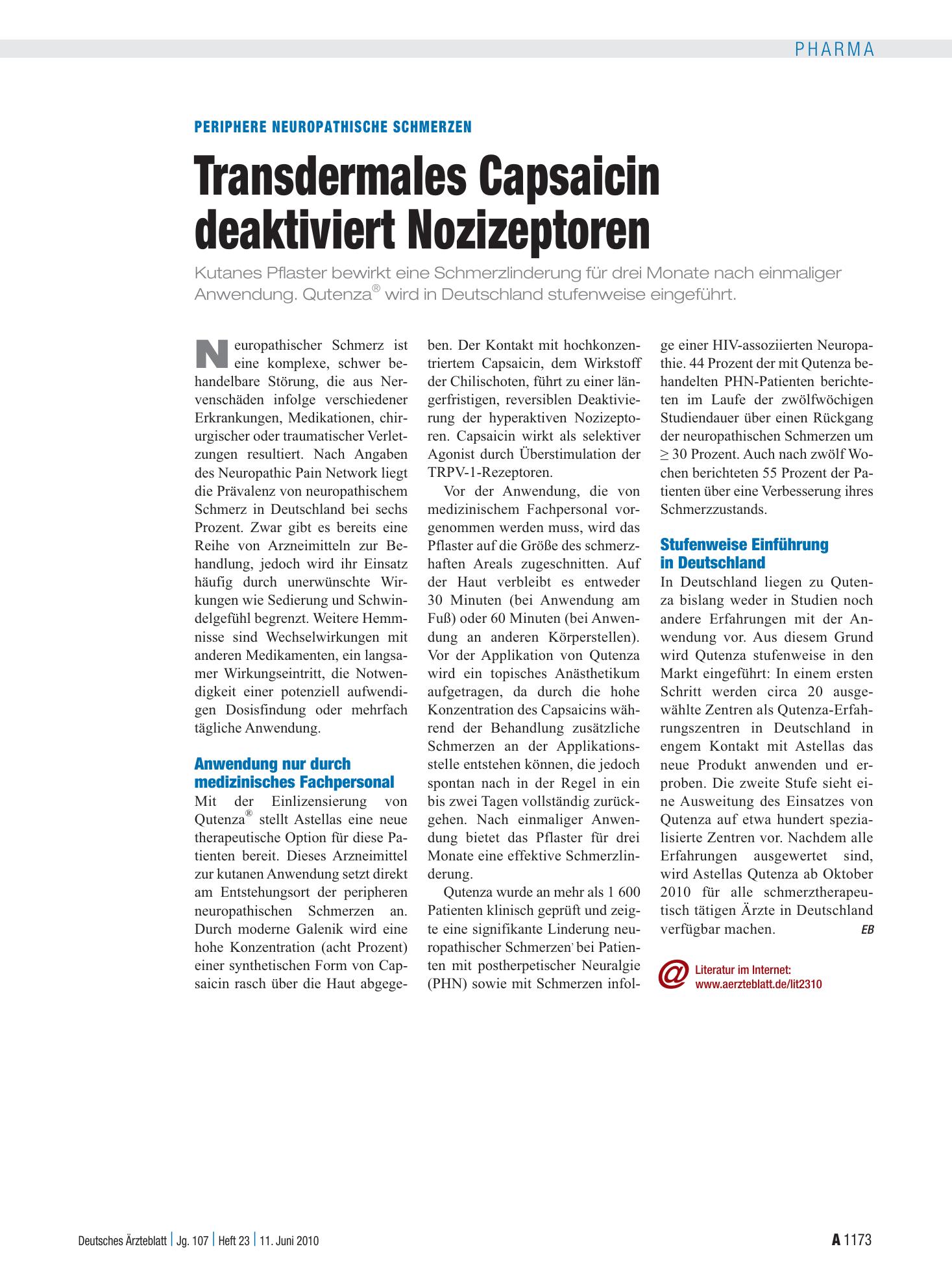 Vorschauseite 1: Periphere neuropathische schmerzen: Transdermales Capsaicin deaktiviert Nozizeptoren – Deutsches Ärzteblatt