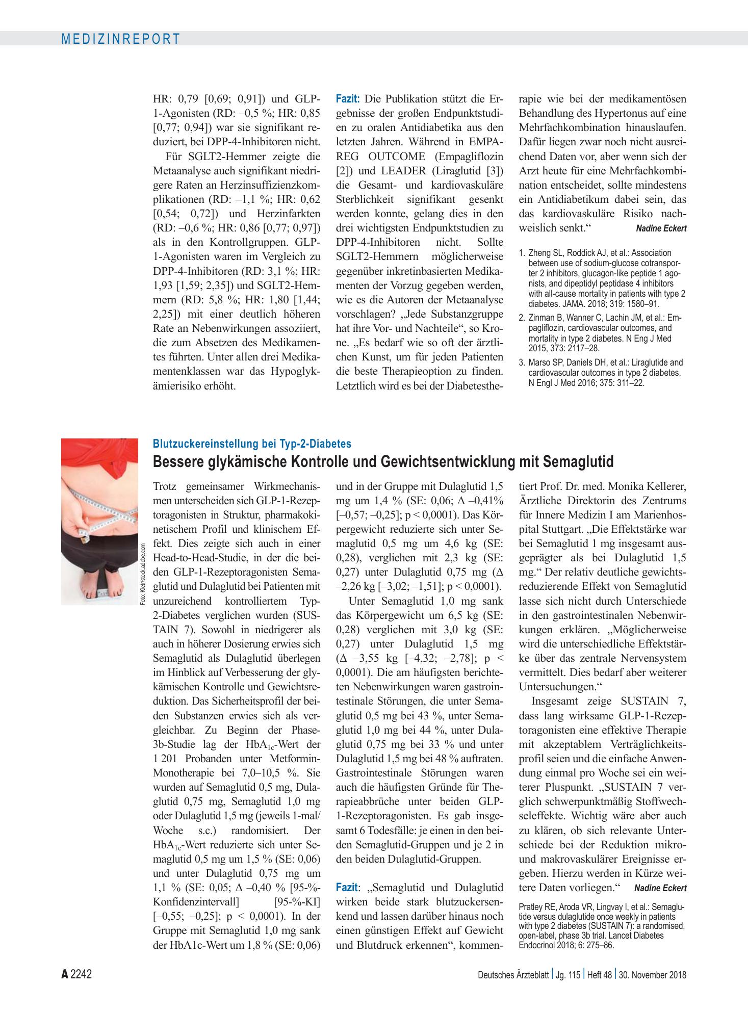 Vorschauseite 1: Blutzuckereinstellung bei Typ-2-Diabetes: Bessere glykämische Kontrolle und Gewichtsentwicklung mit Semaglutid – Deutsches Ärzteblatt