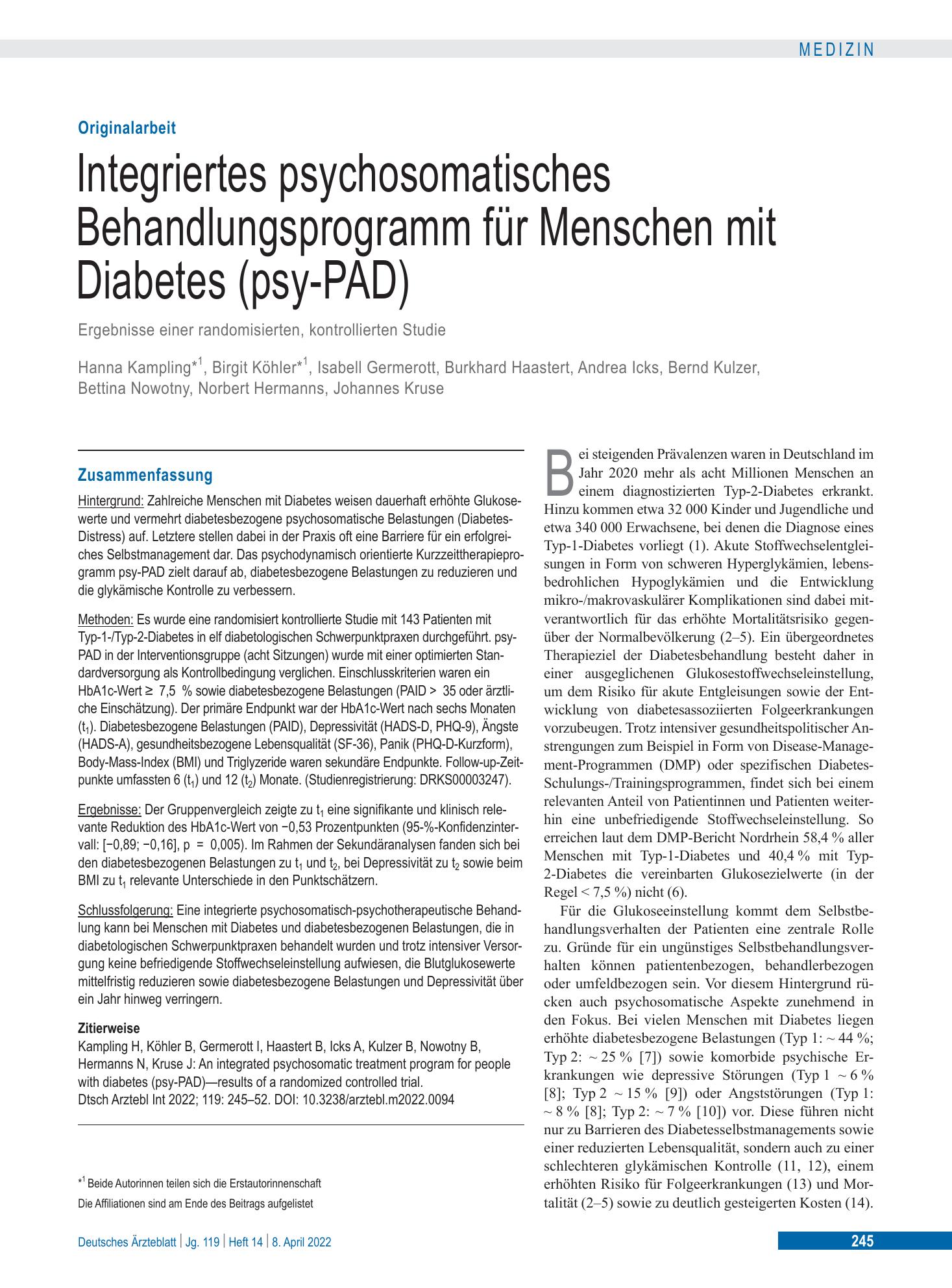 Vorschauseite 1: Integriertes psychosomatisches Behandlungsprogramm für Menschen mit Diabetes (psy-PAD) – Deutsches Ärzteblatt