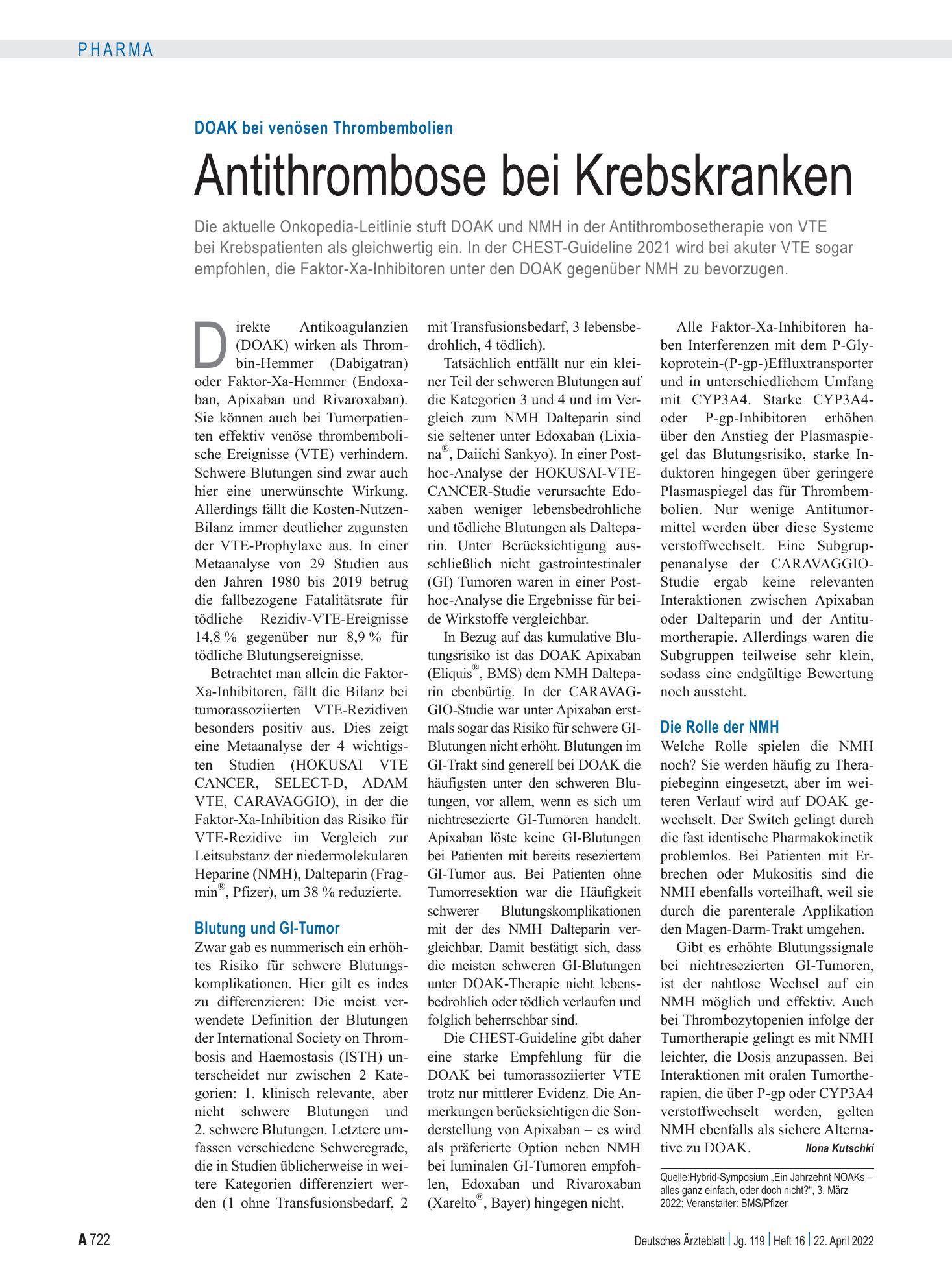 Vorschauseite 1: DOAK bei venösen Thrombembolien: Antithrombose bei Krebskranken – Deutsches Ärzteblatt