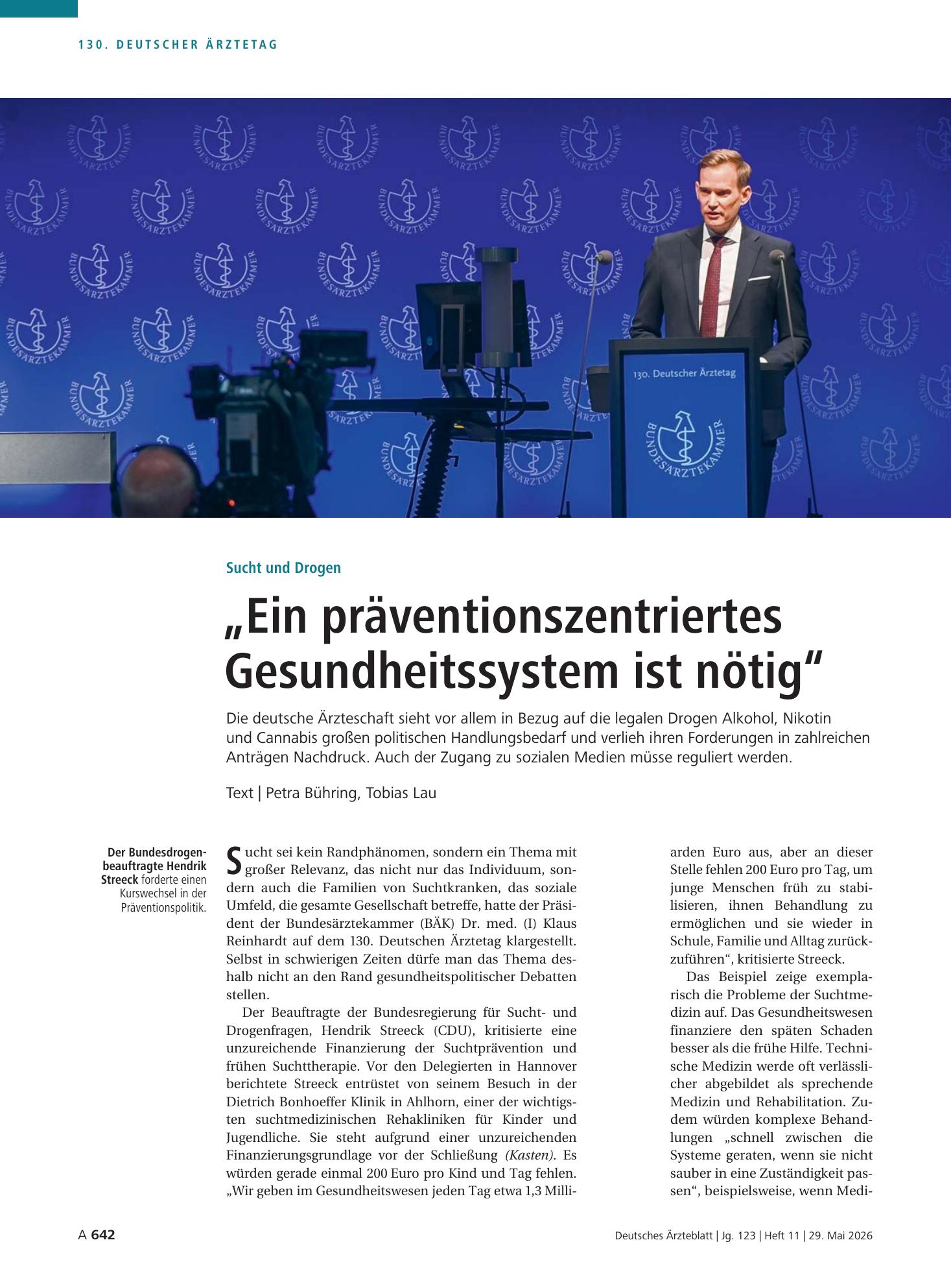 Vorschauseite 1: Sucht und Drogen: „Ein präventionszentriertes Gesundheitssystem ist nötig“ – Deutsches Ärzteblatt
