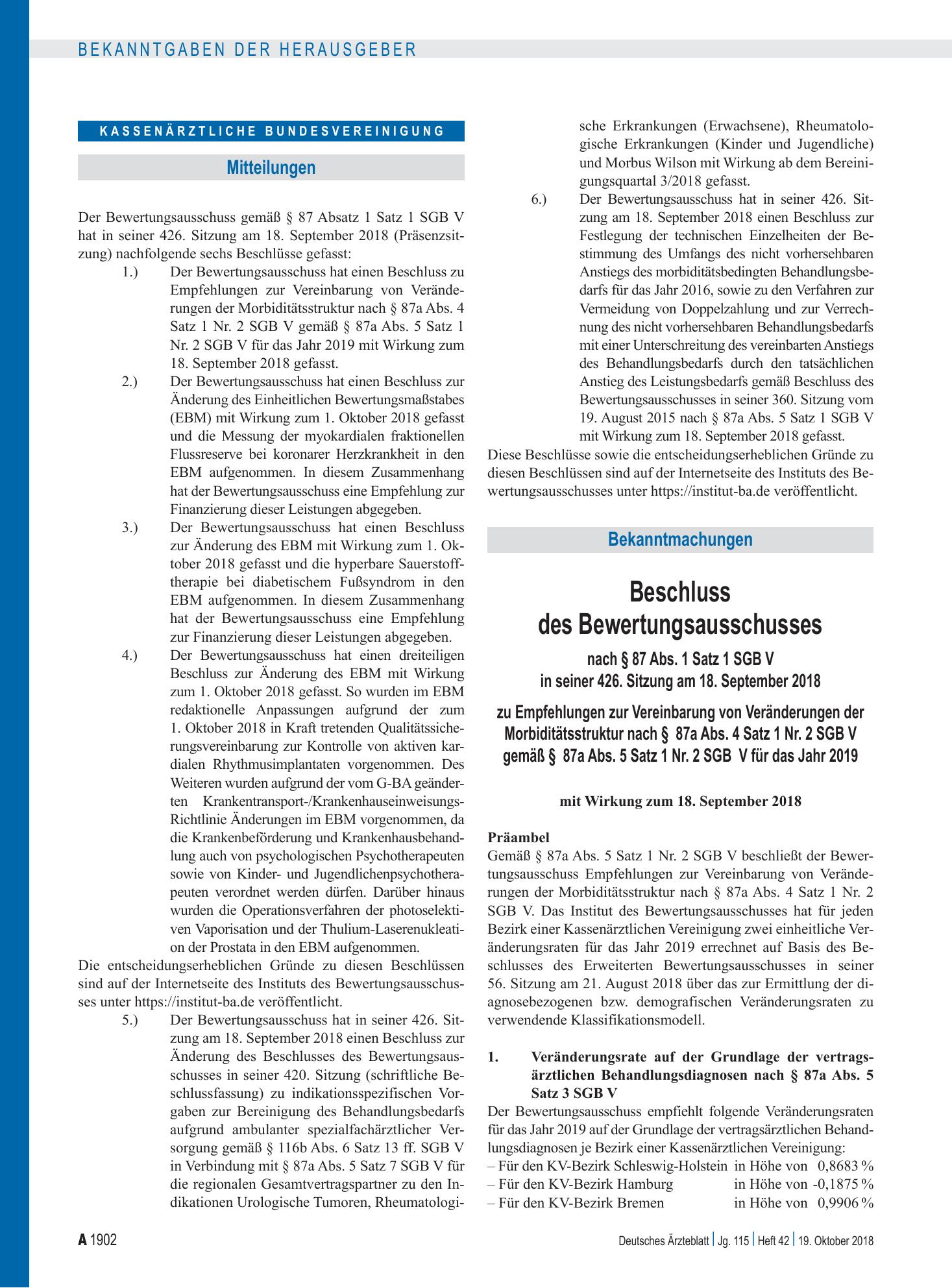Vorschauseite 1: Beschluss des Bewertungsausschusses nach § 87 Abs. 1 Satz 1 SGB V in seiner 426. Sitzung am 18. September 2018, Teil A, Teil B – Deutsches Ärzteblatt