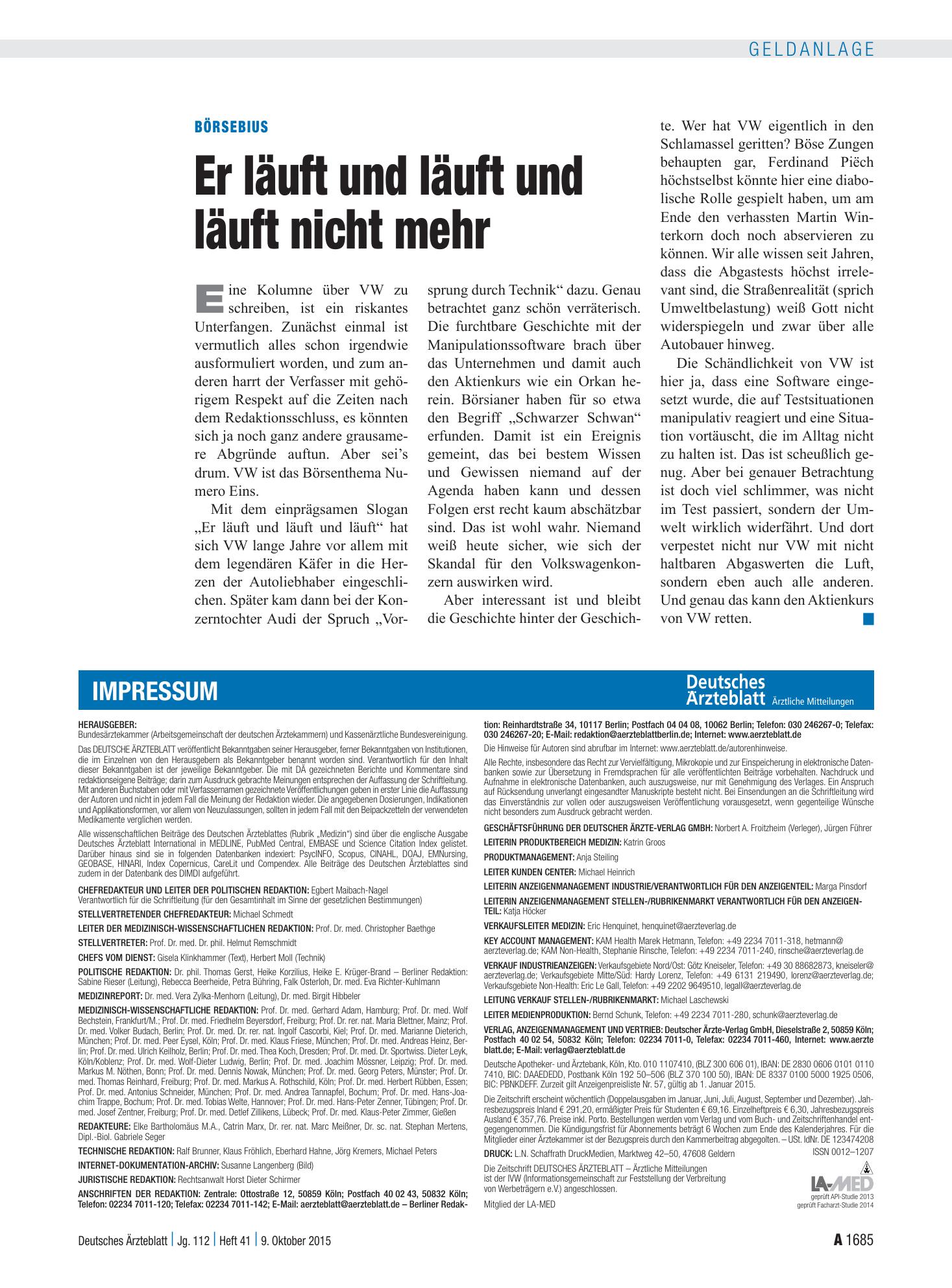 Vorschauseite 1: Börsebius: Er läuft und läuft und läuft nicht mehr – Deutsches Ärzteblatt