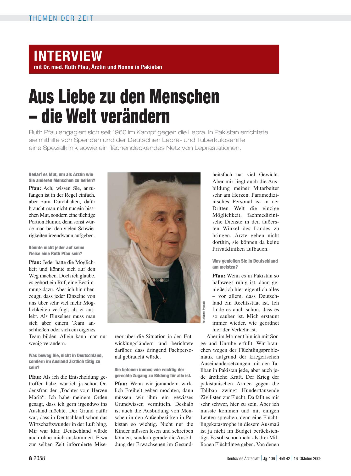 Vorschauseite 1: Interview mit Dr. med. Ruth Pfau, Ärztin und Nonne in Pakistan: Aus Liebe zu den Menschen – die Welt verändern – Deutsches Ärzteblatt