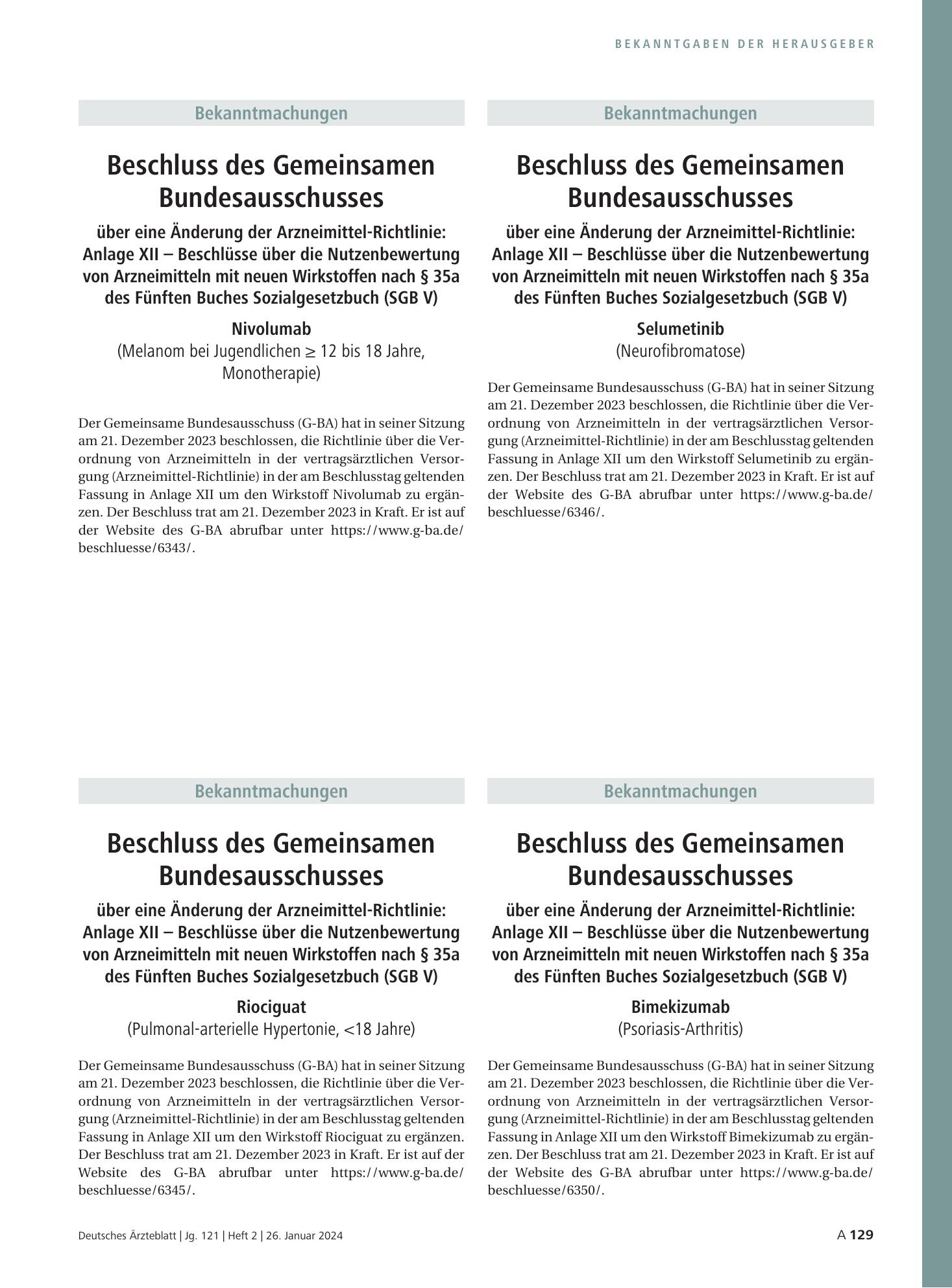 Vorschauseite 1: Beschluss des Gemeinsamen Bundesausschusses über eine Änderung der Arzneimittel-Richtlinie: Anlage XII – Selumetinib (Neurofibromatose) – Deutsches Ärzteblatt