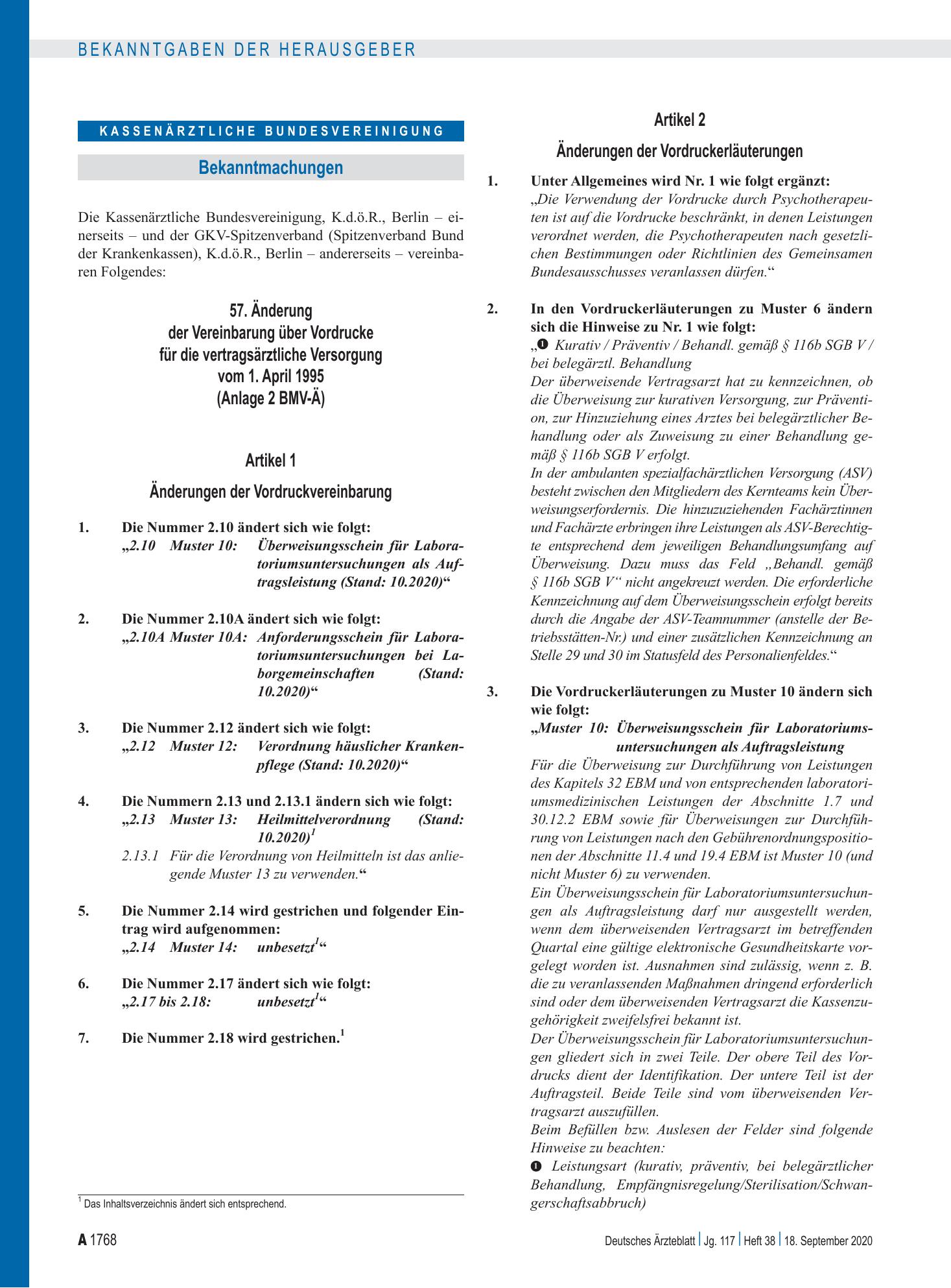 Vorschauseite 1: 57. Änderung der Vereinbarung über Vordrucke für die vertragsärztliche Versorgung vom 1. April 1995 (Anlage 2 BMV-Ä) – Deutsches Ärzteblatt