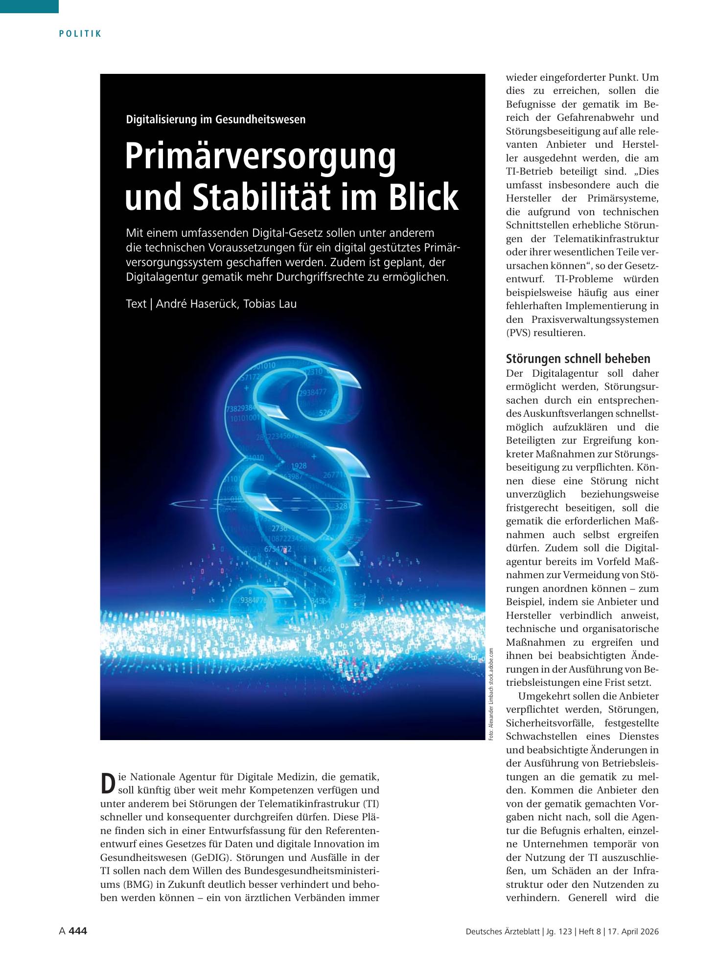 Vorschauseite 1: Digitalisierung im Gesundheitswesen: Primärversorgung und Stabilität im Blick – Deutsches Ärzteblatt