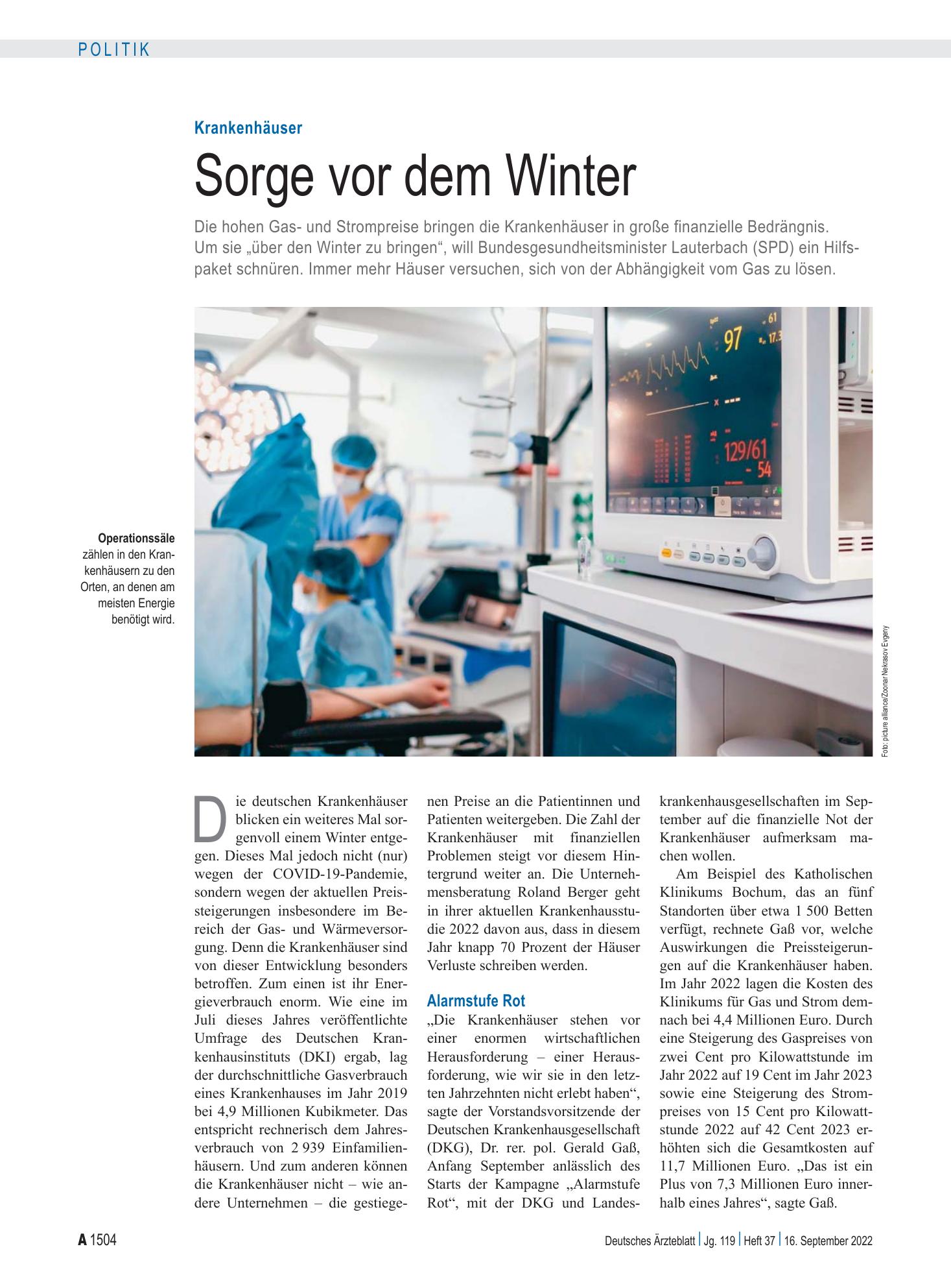 Vorschauseite 1: Krankenhäuser: Sorge vor dem Winter – Deutsches Ärzteblatt