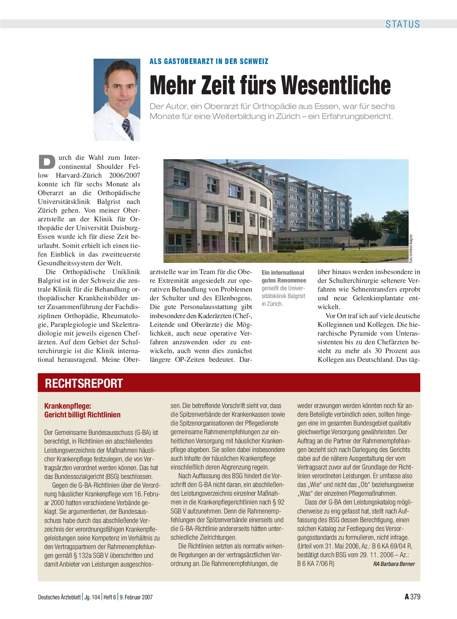 Vorschauseite 1: Krankenpflege: Gericht billigt Richtlinien – Deutsches Ärzteblatt