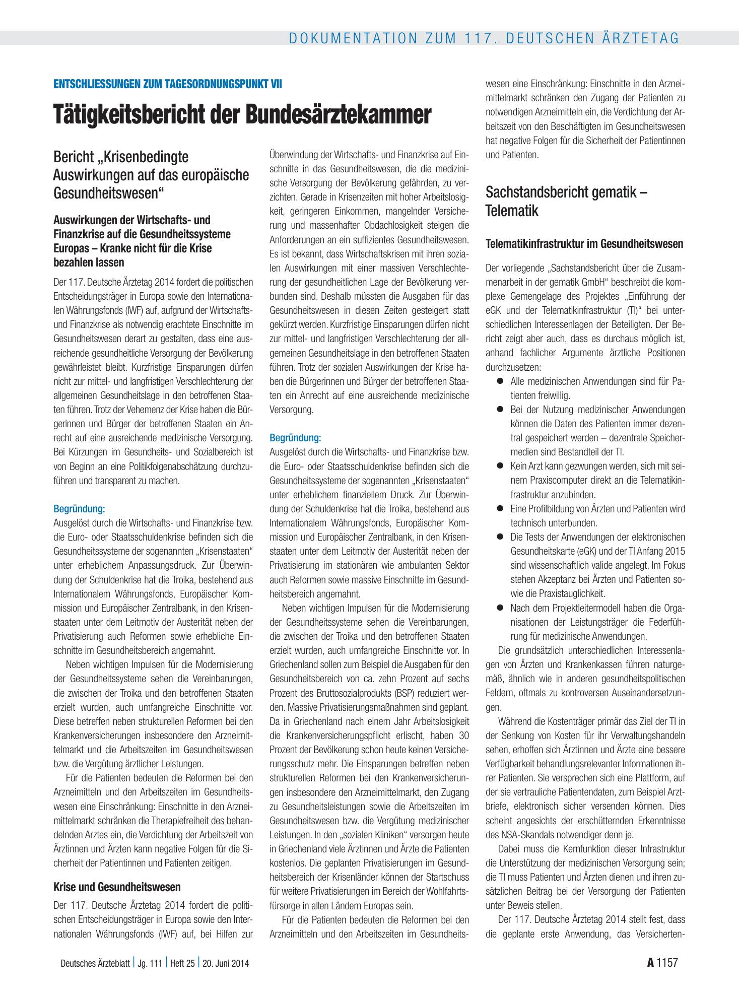 Vorschauseite 1: Entschliessungen zum Tagesordnungspunkt VII: Tätigkeitsbericht der Bundesärztekammer – Deutsches Ärzteblatt