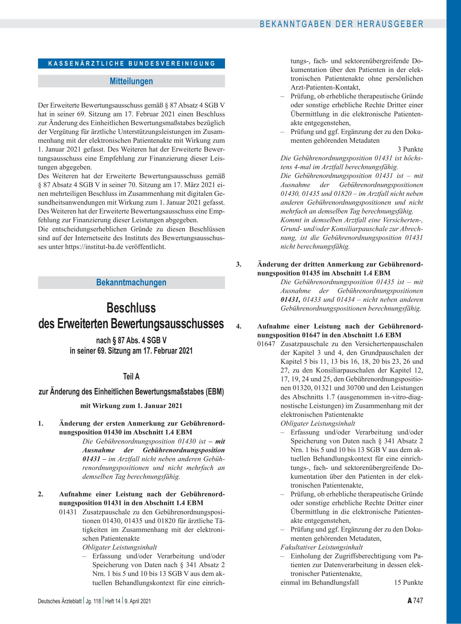 Vorschauseite 1: Beschluss des Erweiterten Bewertungsausschusses nach § 87 Abs. 4 SGB V in seiner 69. Sitzung am 17. Februar 2021 – Deutsches Ärzteblatt