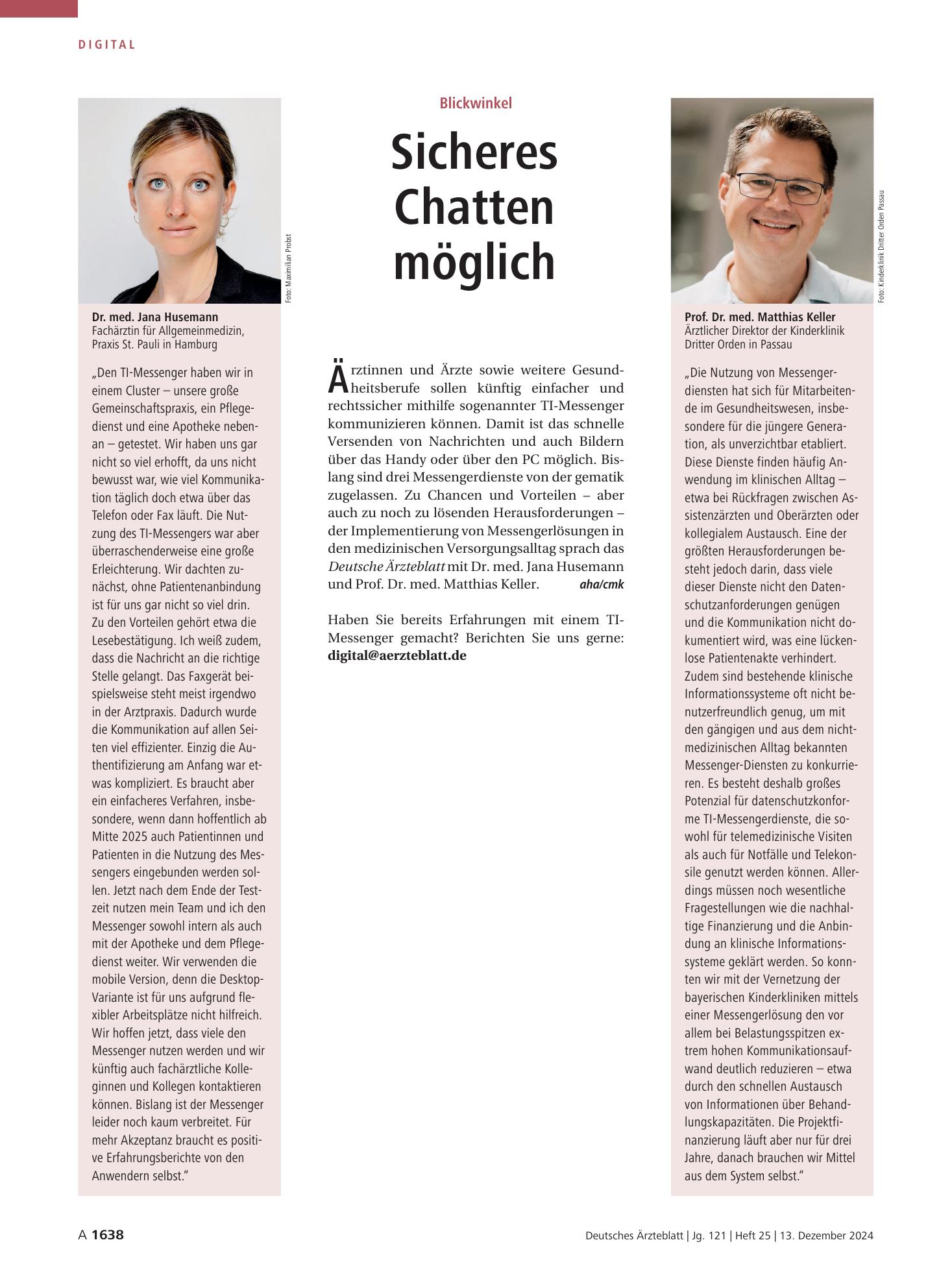Vorschauseite 1: Blickwinkel: Sicheres Chatten möglich – Deutsches Ärzteblatt