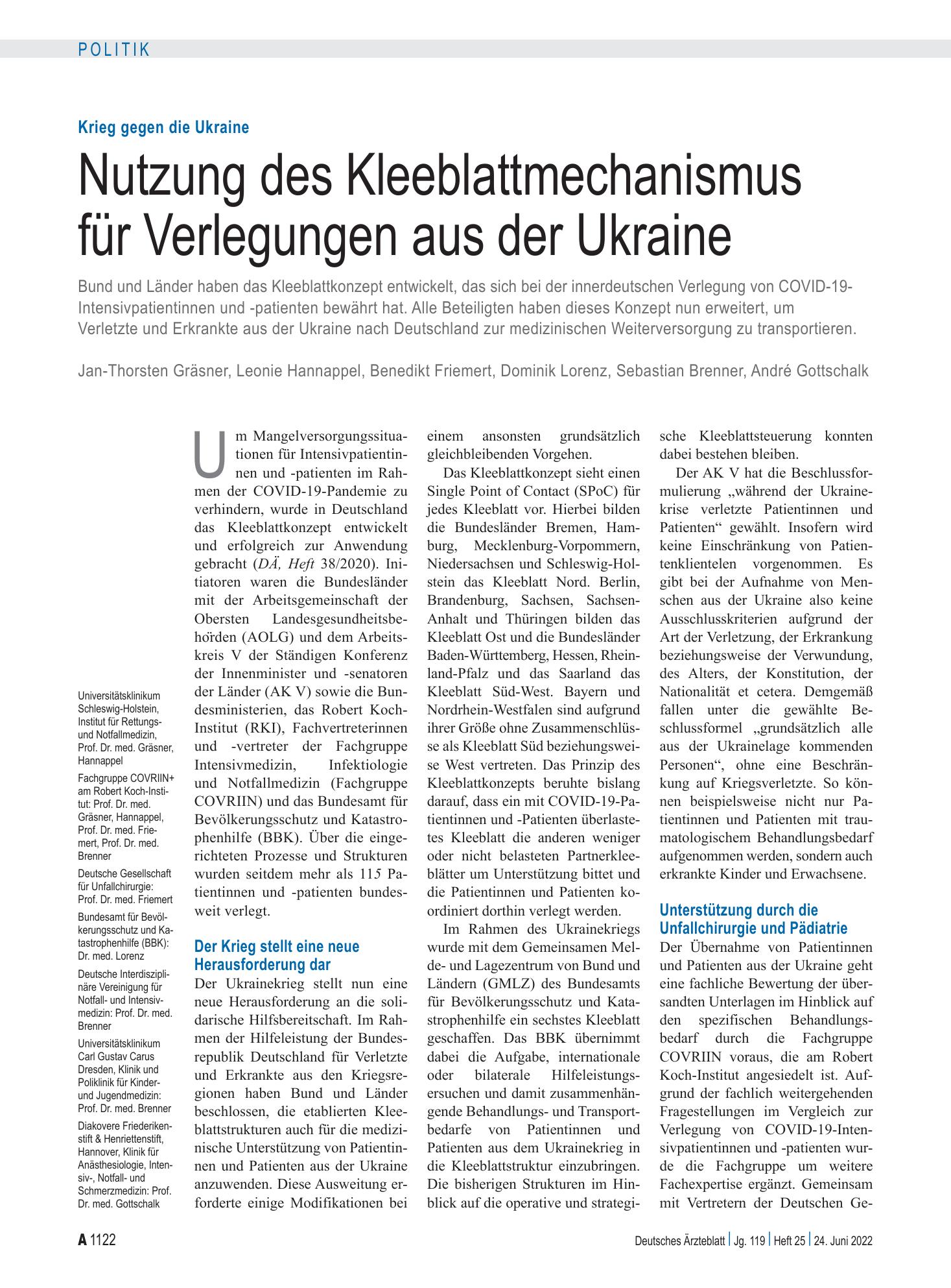 Vorschauseite 1: Krieg gegen die Ukraine: Nutzung des Kleeblattmechanismus für Verlegungen aus der Ukraine – Deutsches Ärzteblatt