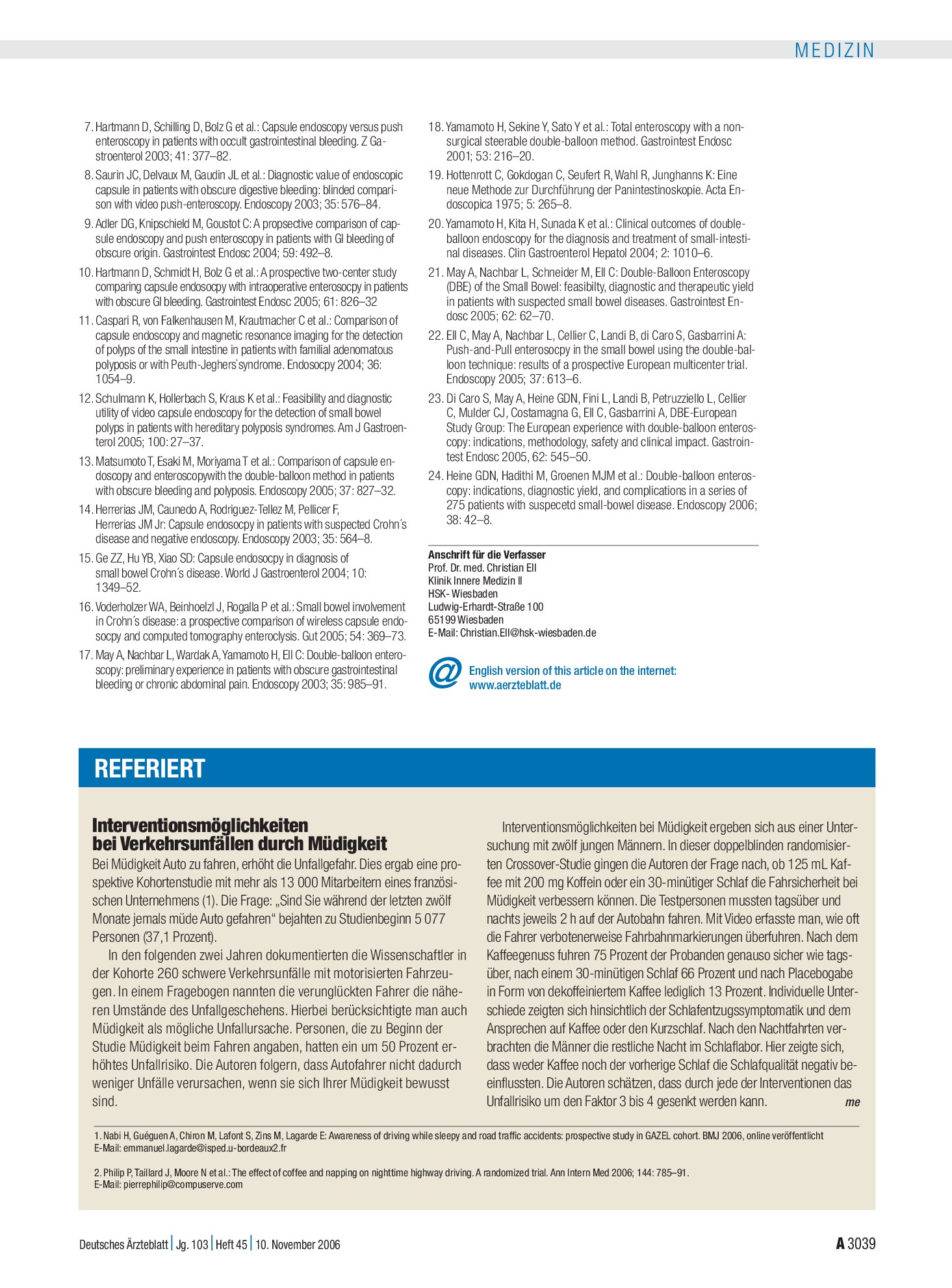 Vorschauseite 1: Interventionsmöglichkeiten bei Verkehrsunfällen durch Müdigkeit – Deutsches Ärzteblatt