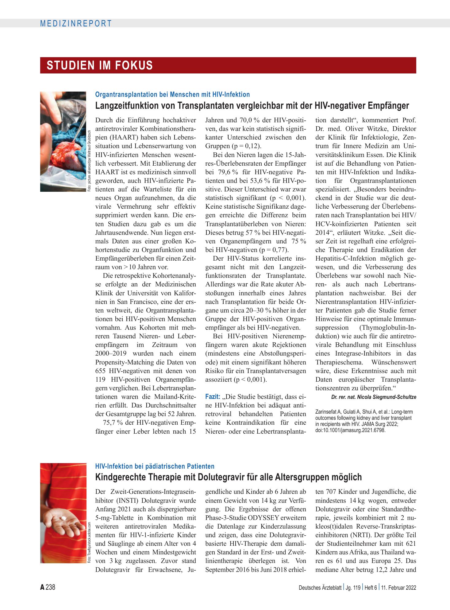 Vorschauseite 1: Organtransplantation bei Menschen mit HIV-Infektion: Langzeitfunktion von Transplantaten vergleichbar mit der HIV-negativer Empfänger – Deutsches Ärzteblatt