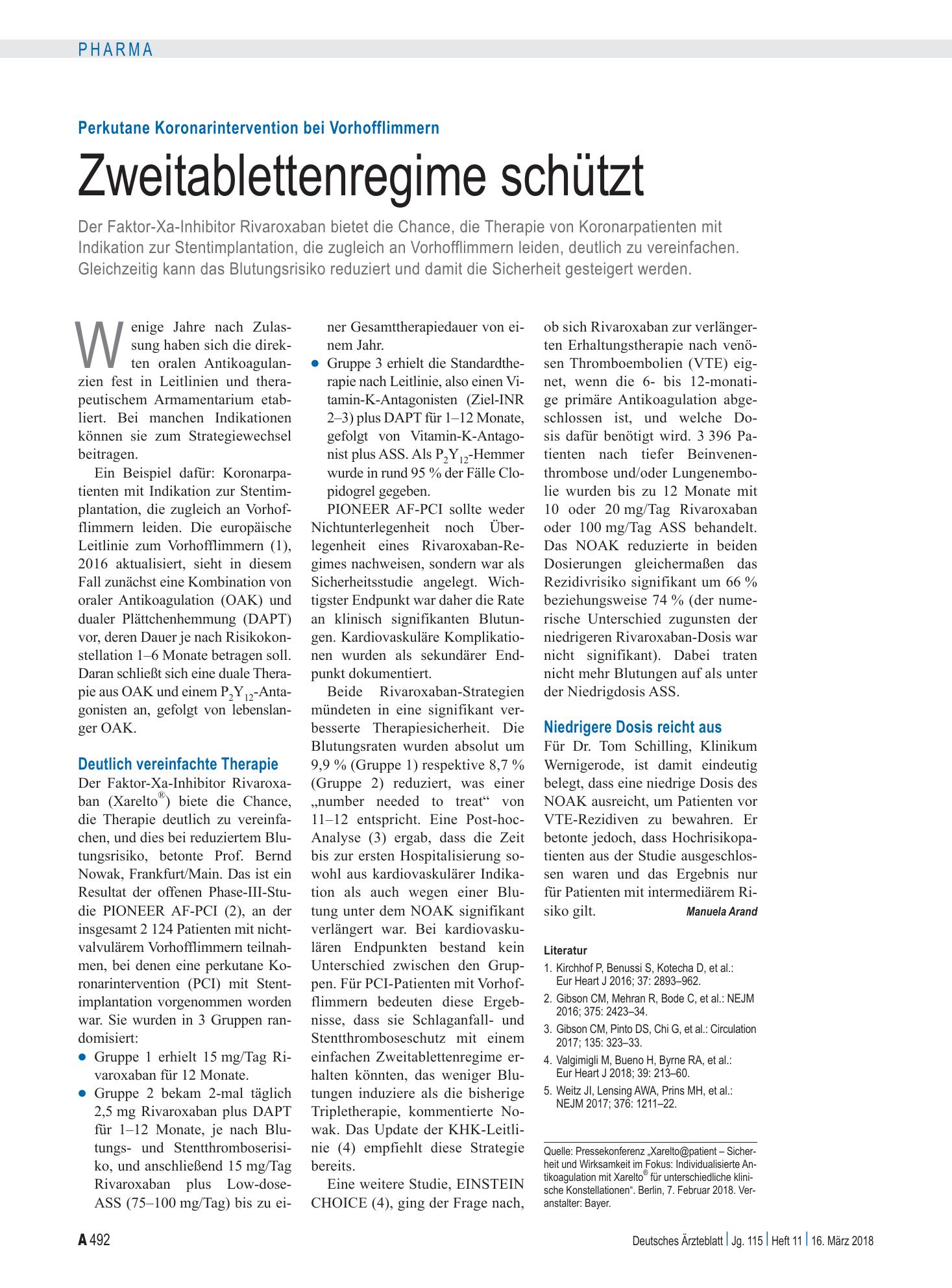 Vorschauseite 1: Perkutane Koronarintervention bei Vorhofflimmern: Zweitablettenregime schützt – Deutsches Ärzteblatt