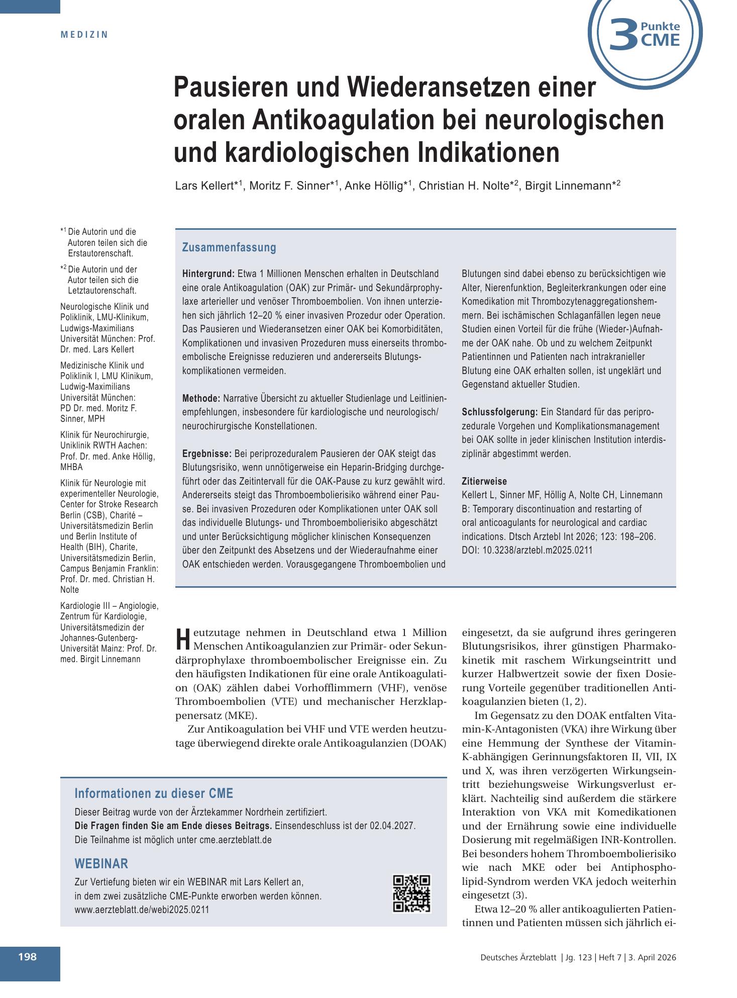 Vorschauseite 1: Pausieren und Wiederansetzen einer oralen Antikoagulation bei neurologischen und kardiologischen Indikationen – Deutsches Ärzteblatt