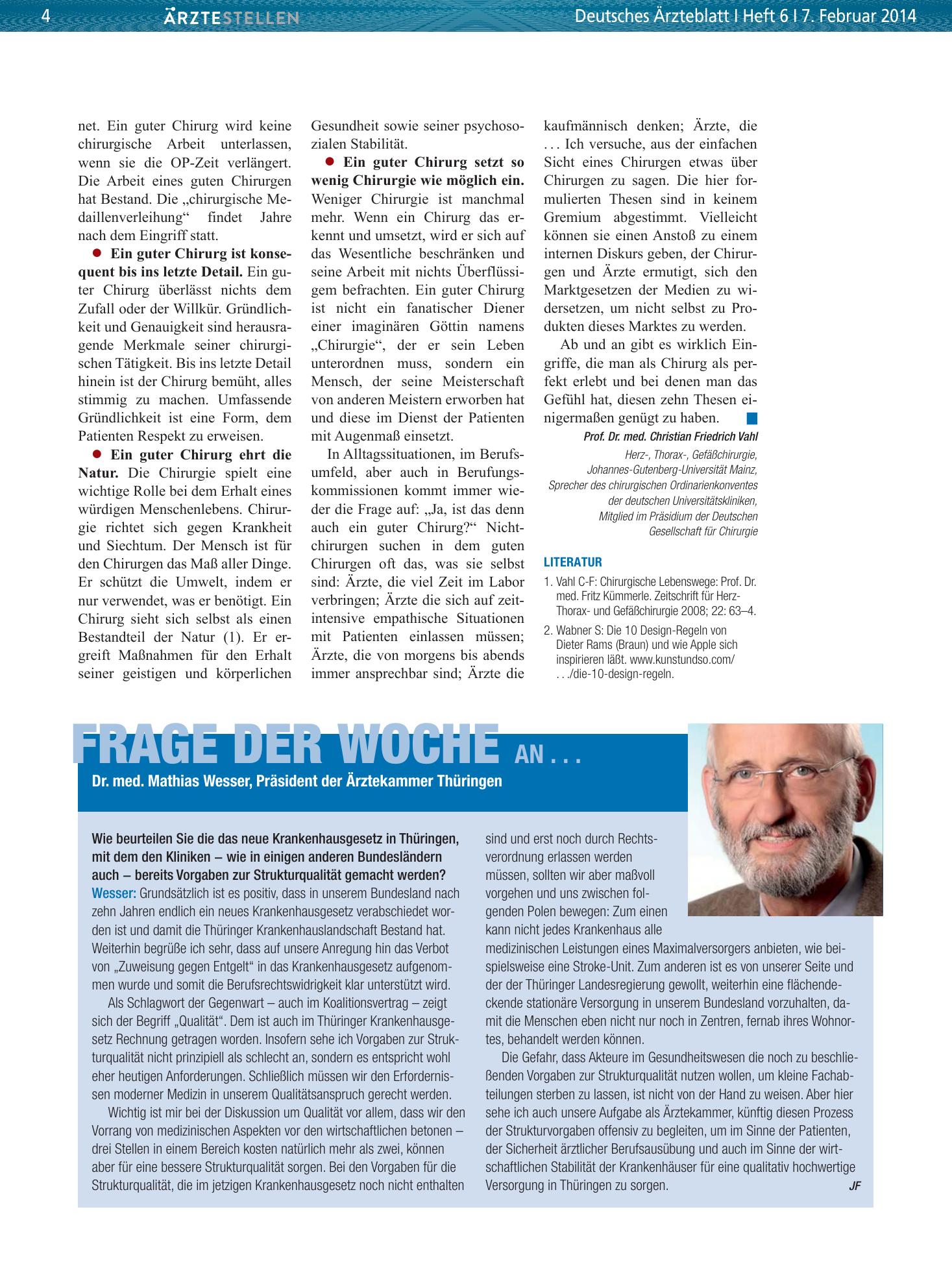 Vorschauseite 1: Frage der Woche an . . . Dr. med. Mathias Wesser, Präsident der Ärztekammer Thüringen – Deutsches Ärzteblatt