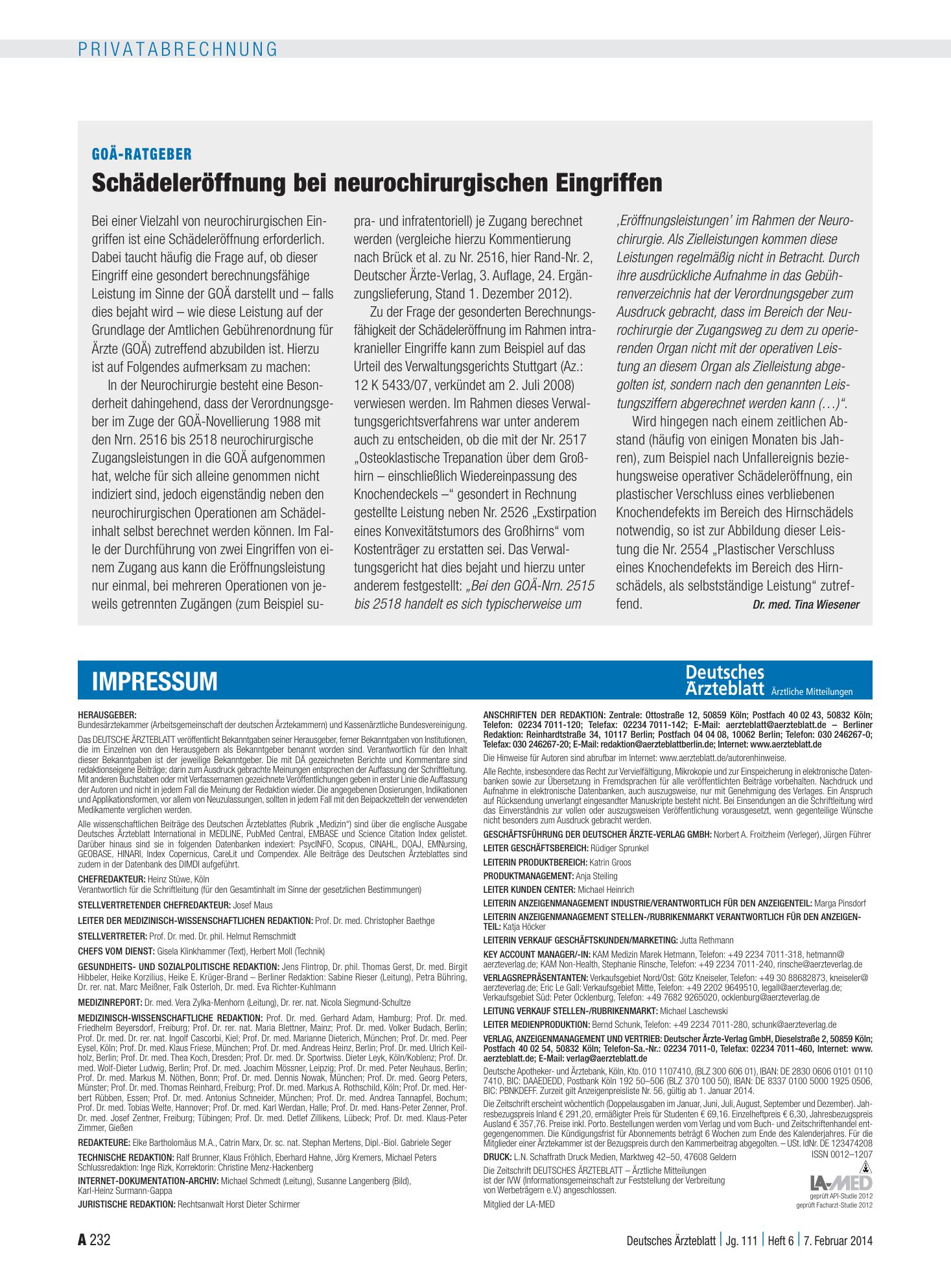 Vorschauseite 1: GOÄ-Ratgeber: Schädeleröffnung bei neurochirurgischen Eingriffen – Deutsches Ärzteblatt