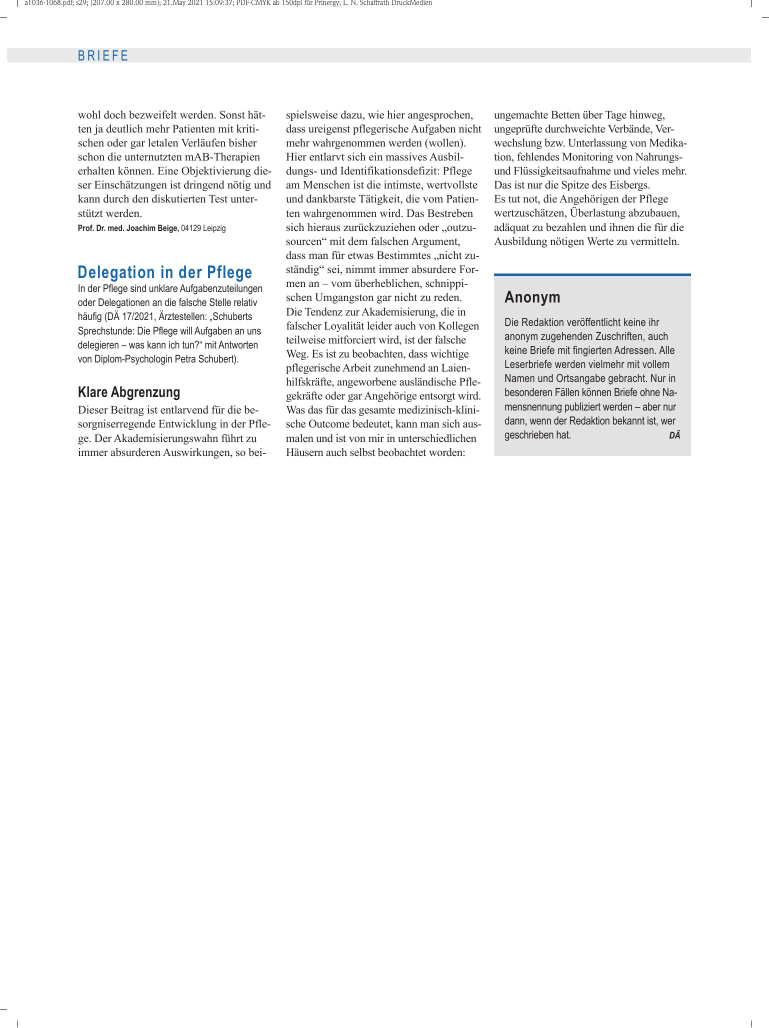 Vorschauseite 1: Delegation in der Pflege: Klare Abgrenzung – Deutsches Ärzteblatt