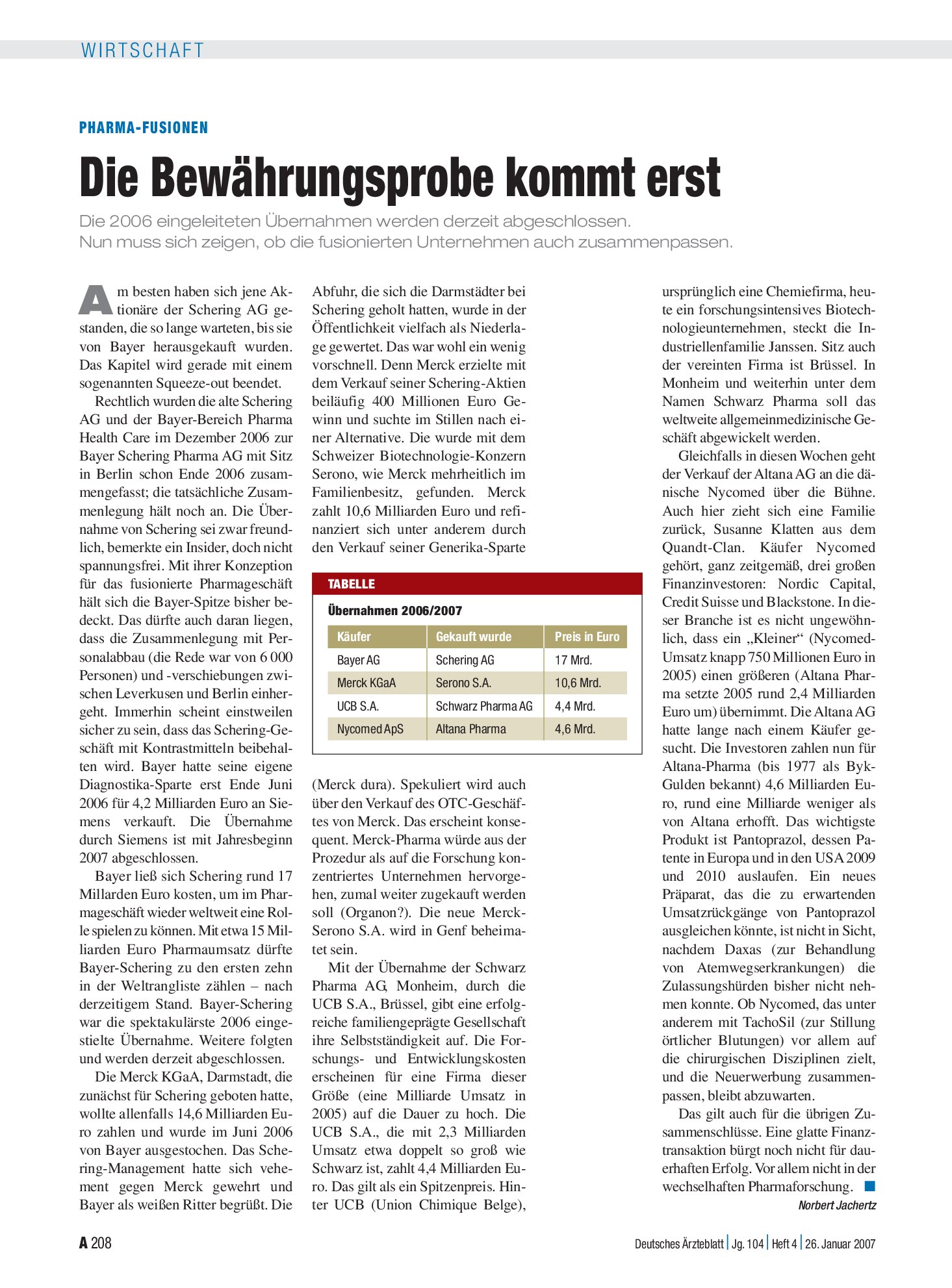 Vorschauseite 1: Pharma-Fusionen: Die Bewährungsprobe kommt erst – Deutsches Ärzteblatt