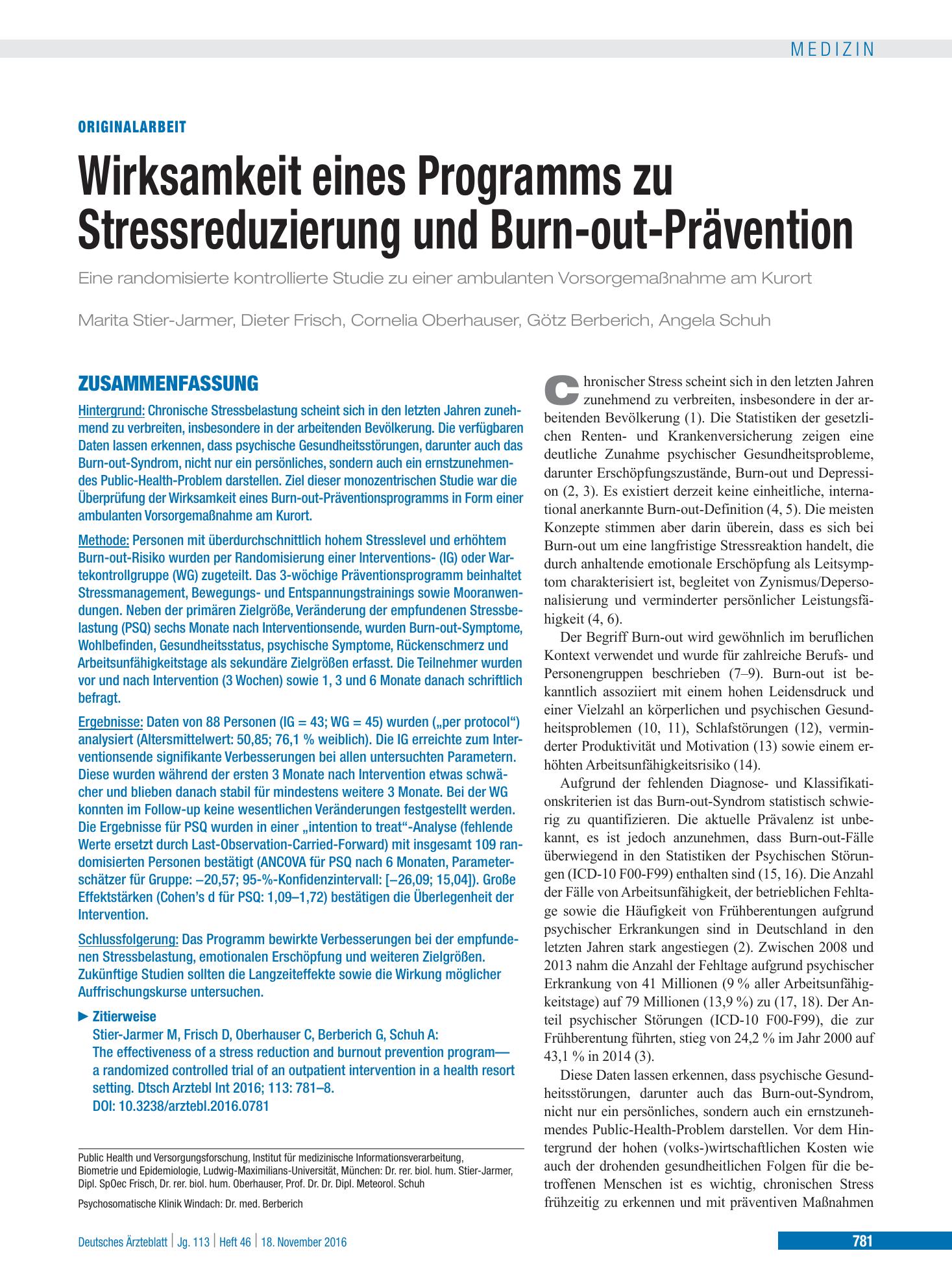 Vorschauseite 1: Wirksamkeit eines Programms zu Stressreduzierung und Burn-out-Prävention – Deutsches Ärzteblatt