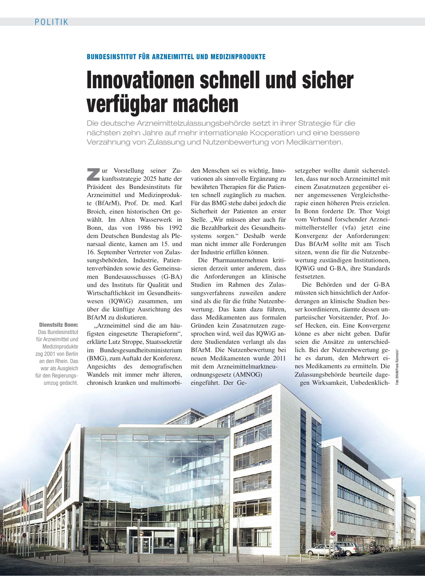 Vorschauseite 1: Bundesinstitut für Arzneimittel und Medizinprodukte: Innovationen schnell und sicher verfügbar machen – Deutsches Ärzteblatt