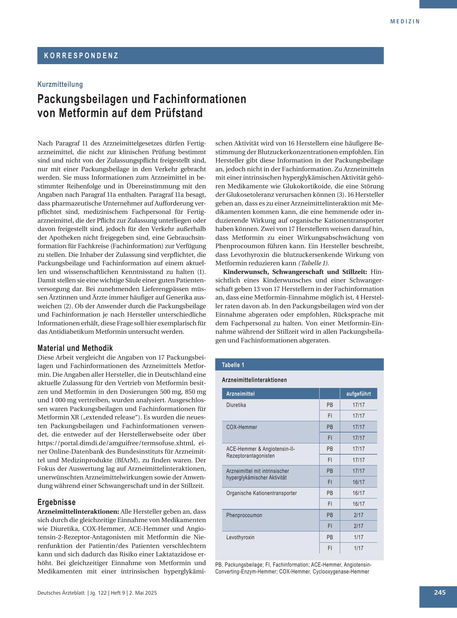 Vorschauseite 1: Packungsbeilagen und Fachinformationen von Metformin auf dem Prüfstand – Deutsches Ärzteblatt