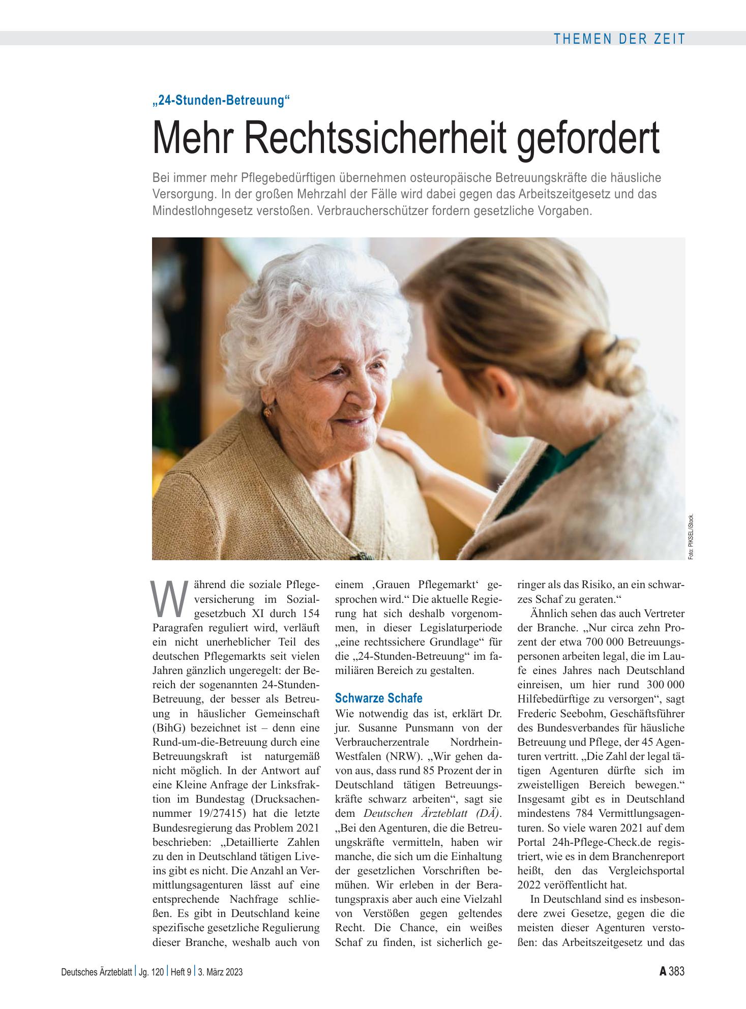 Vorschauseite 1: „24-Stunden-Betreuung“: Mehr Rechtssicherheit gefordert – Deutsches Ärzteblatt