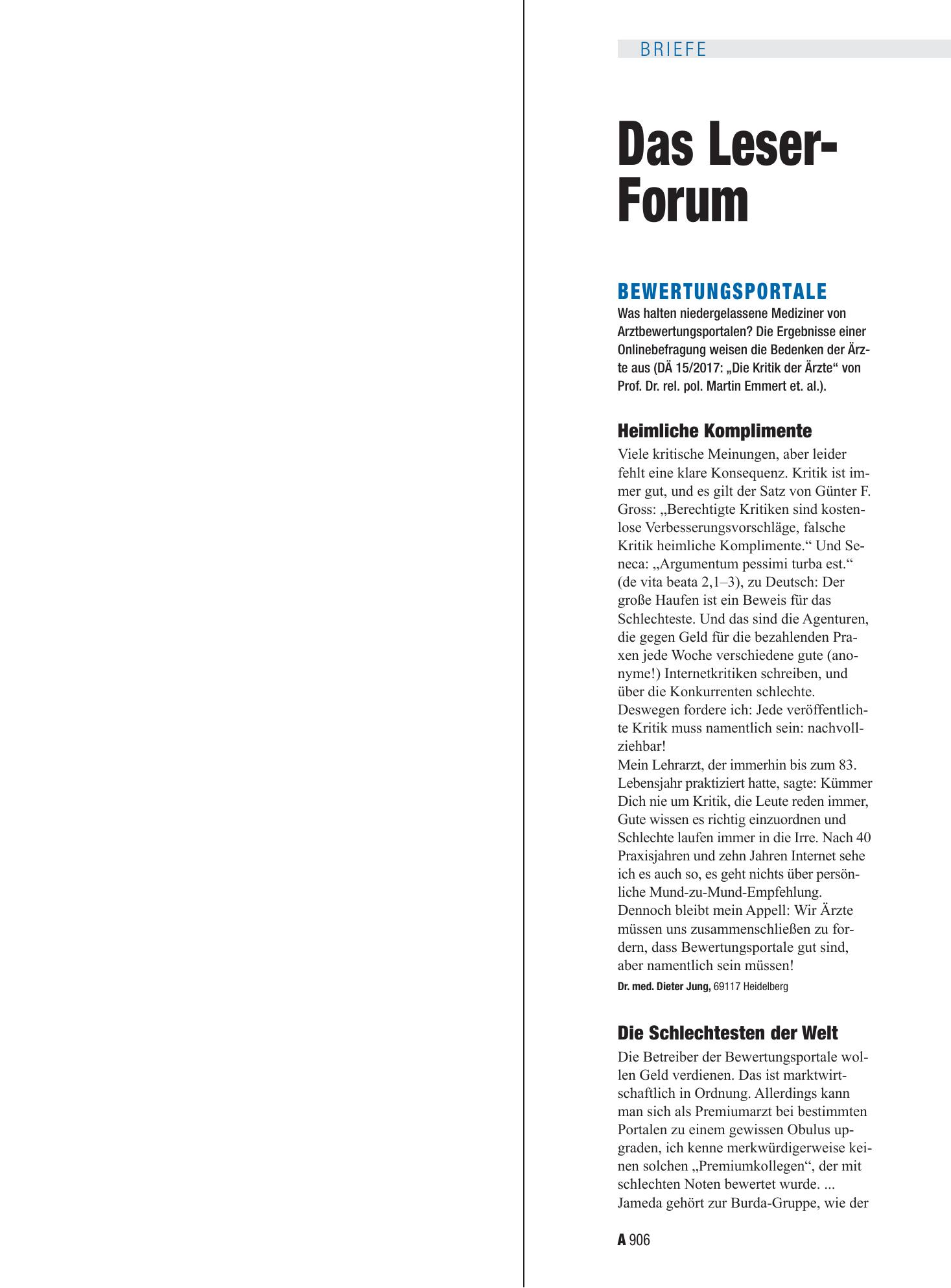 Vorschauseite 1: Bewertungsportale: Heimliche Komplimente – Deutsches Ärzteblatt