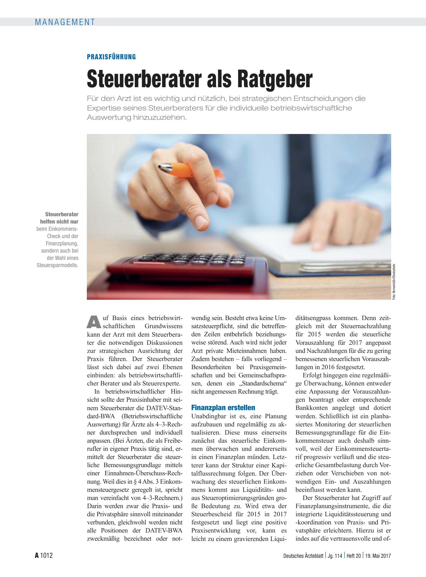 Vorschauseite 1: Praxisführung: Steuerberater als Ratgeber – Deutsches Ärzteblatt
