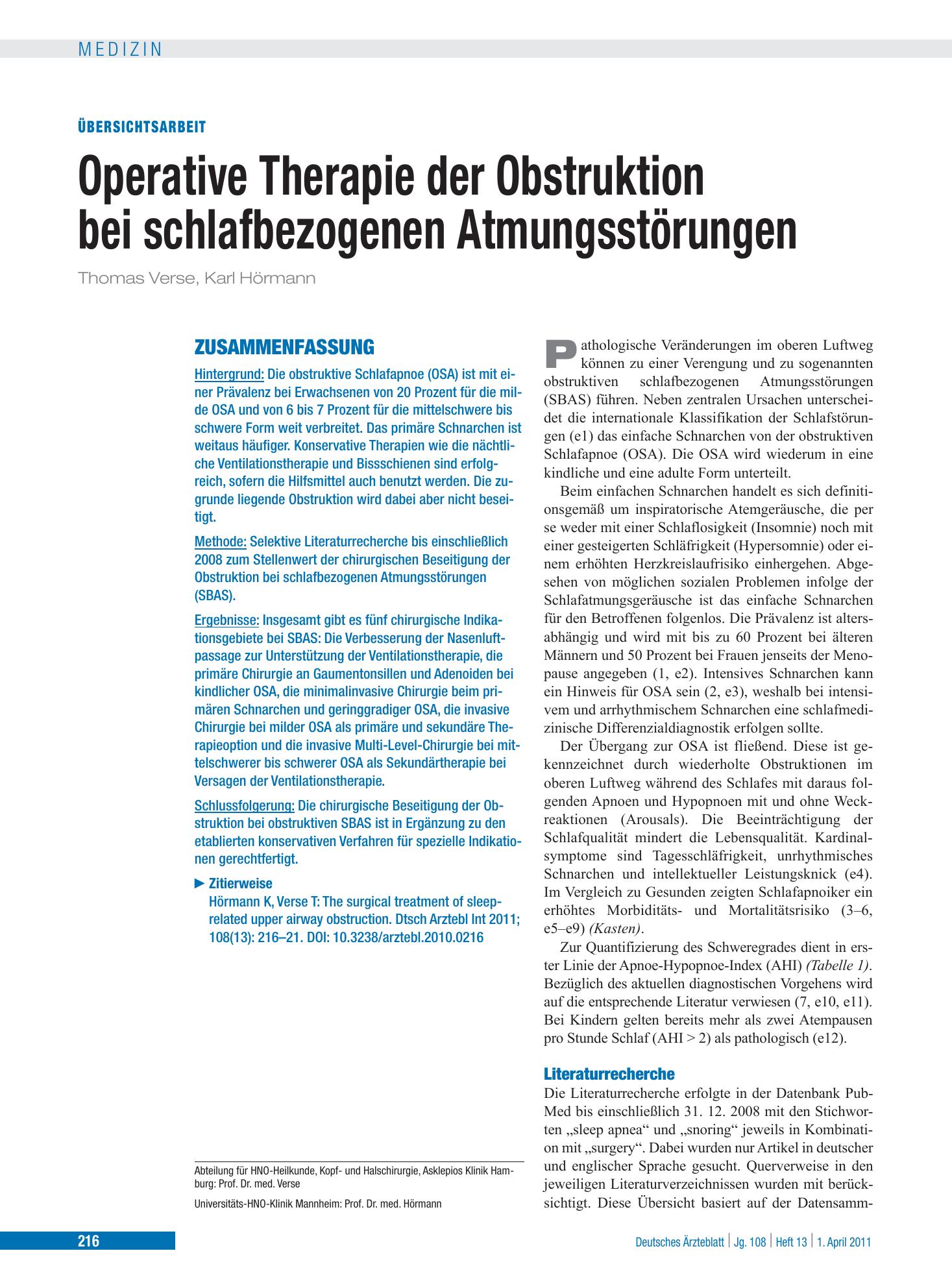 Vorschauseite 1: Operative Therapie der Obstruktion bei schlafbezogenen Atmungsstörungen – Deutsches Ärzteblatt
