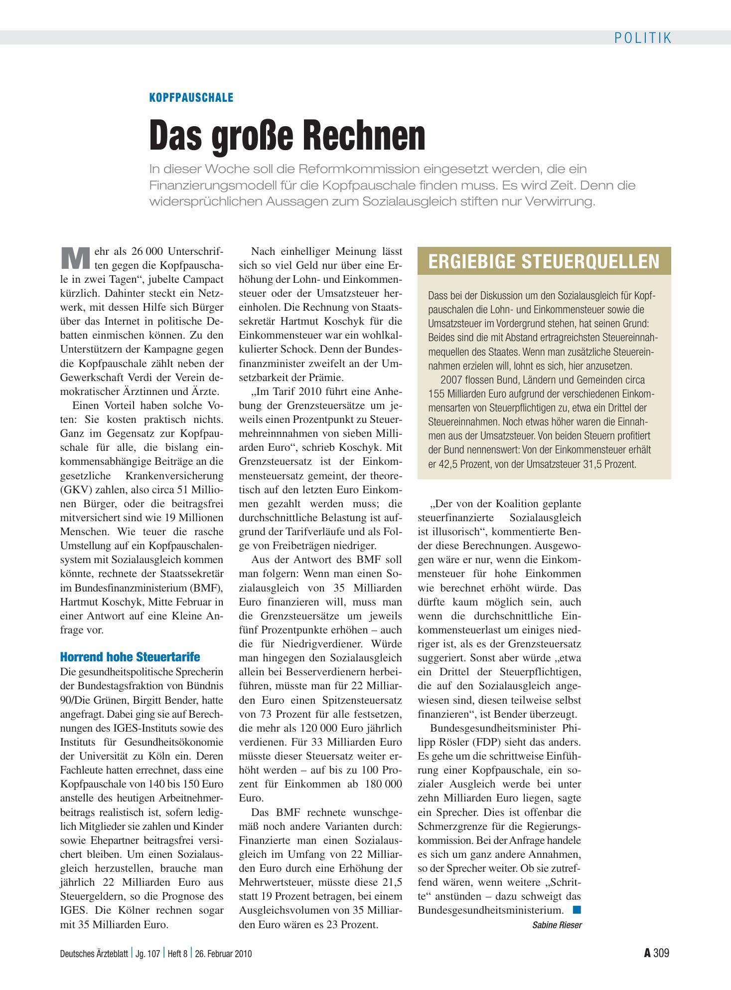 Vorschauseite 1: Kopfpauschale: Das große Rechnen – Deutsches Ärzteblatt
