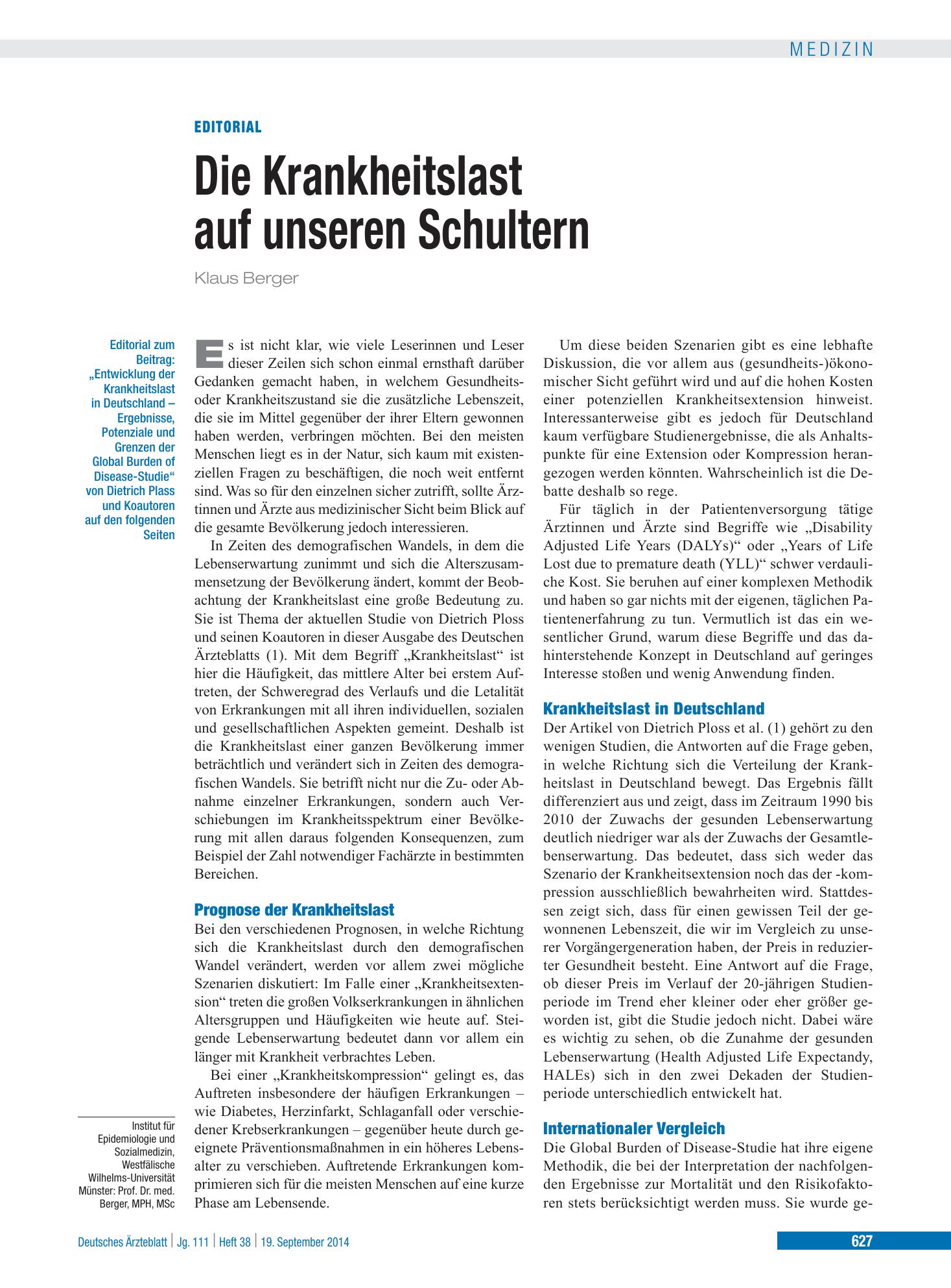 Vorschauseite 1: Die Krankheitslast auf unseren Schultern – Deutsches Ärzteblatt
