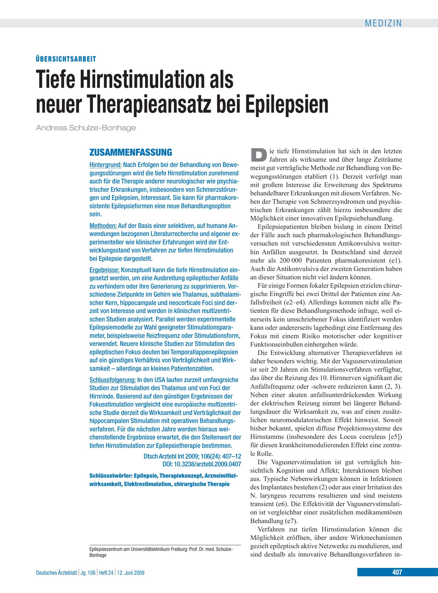 Vorschauseite 1: Tiefe Hirnstimulation als neuer Therapieansatz bei Epilepsien – Deutsches Ärzteblatt