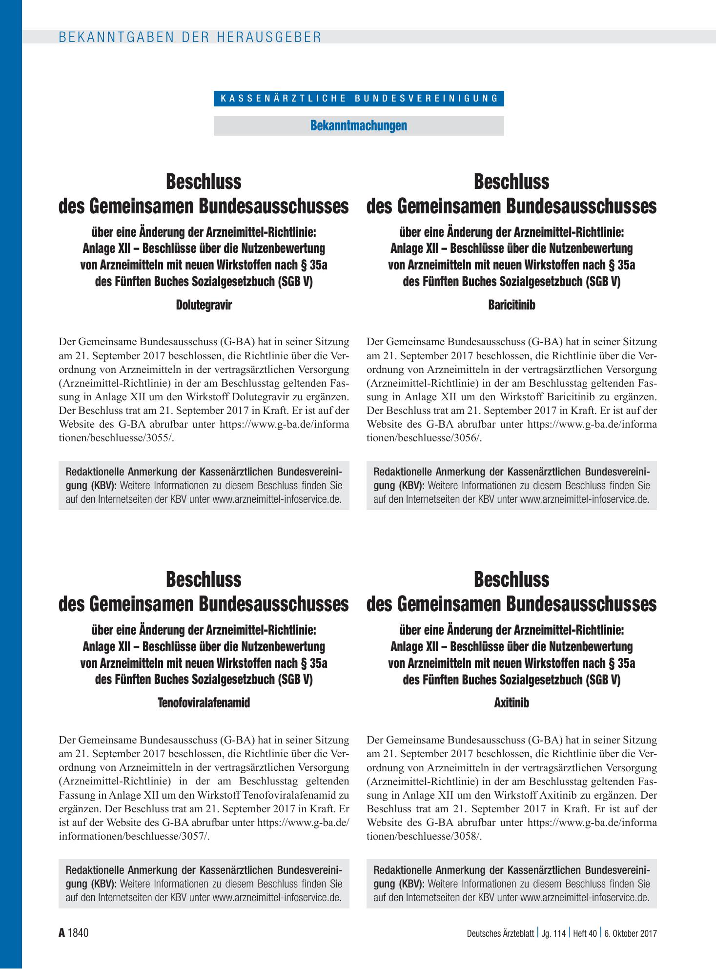 Vorschauseite 1: Beschluss des Gemeinsamen Bundesausschusses über eine Änderung der Arzneimittel-Richtlinie: Anlage XII – Axitinib – Deutsches Ärzteblatt