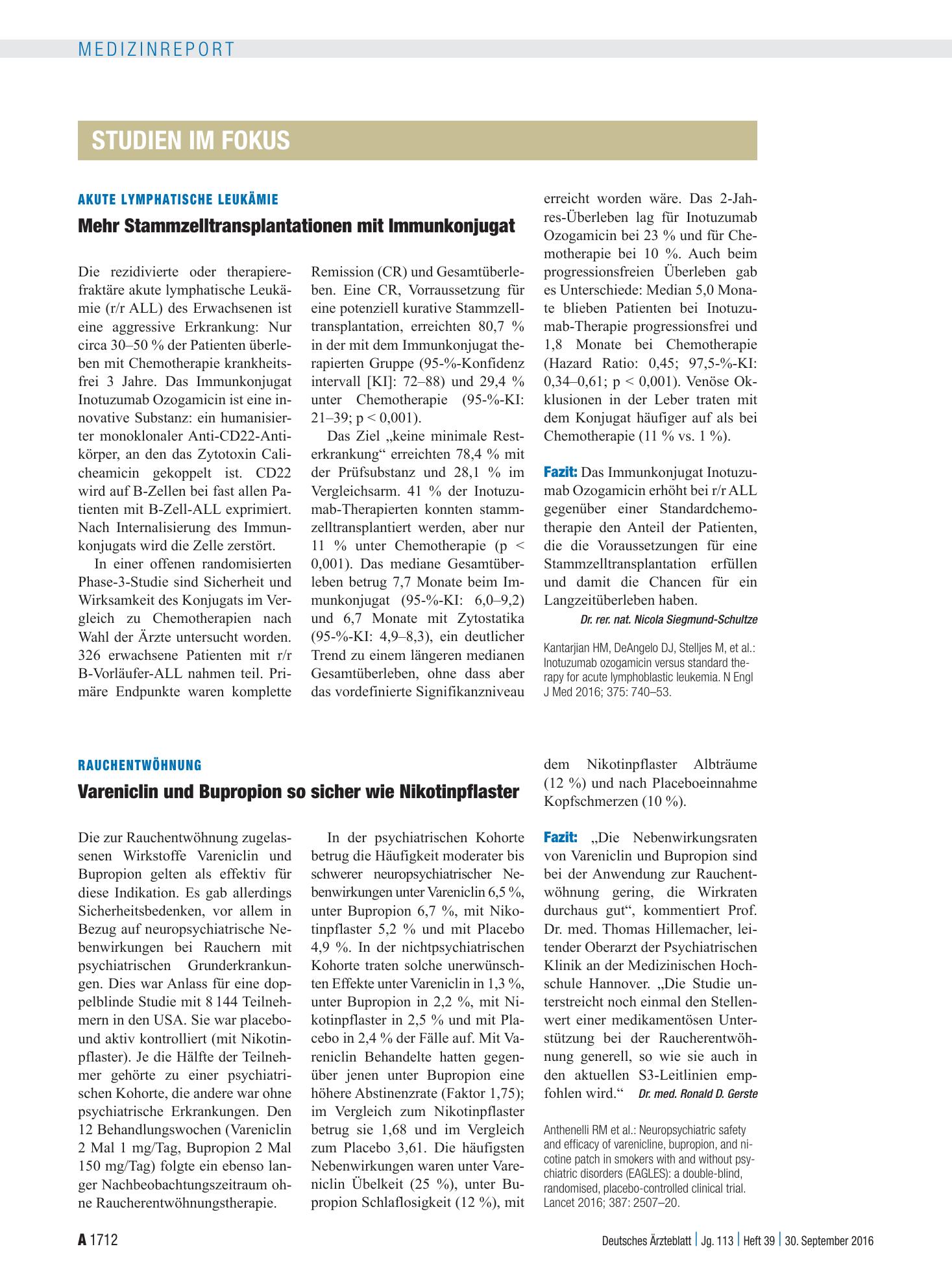 Vorschauseite 1: Rauchentwöhnung: Vareniclin und Bupropion so sicher wie Nikotinpflaster – Deutsches Ärzteblatt