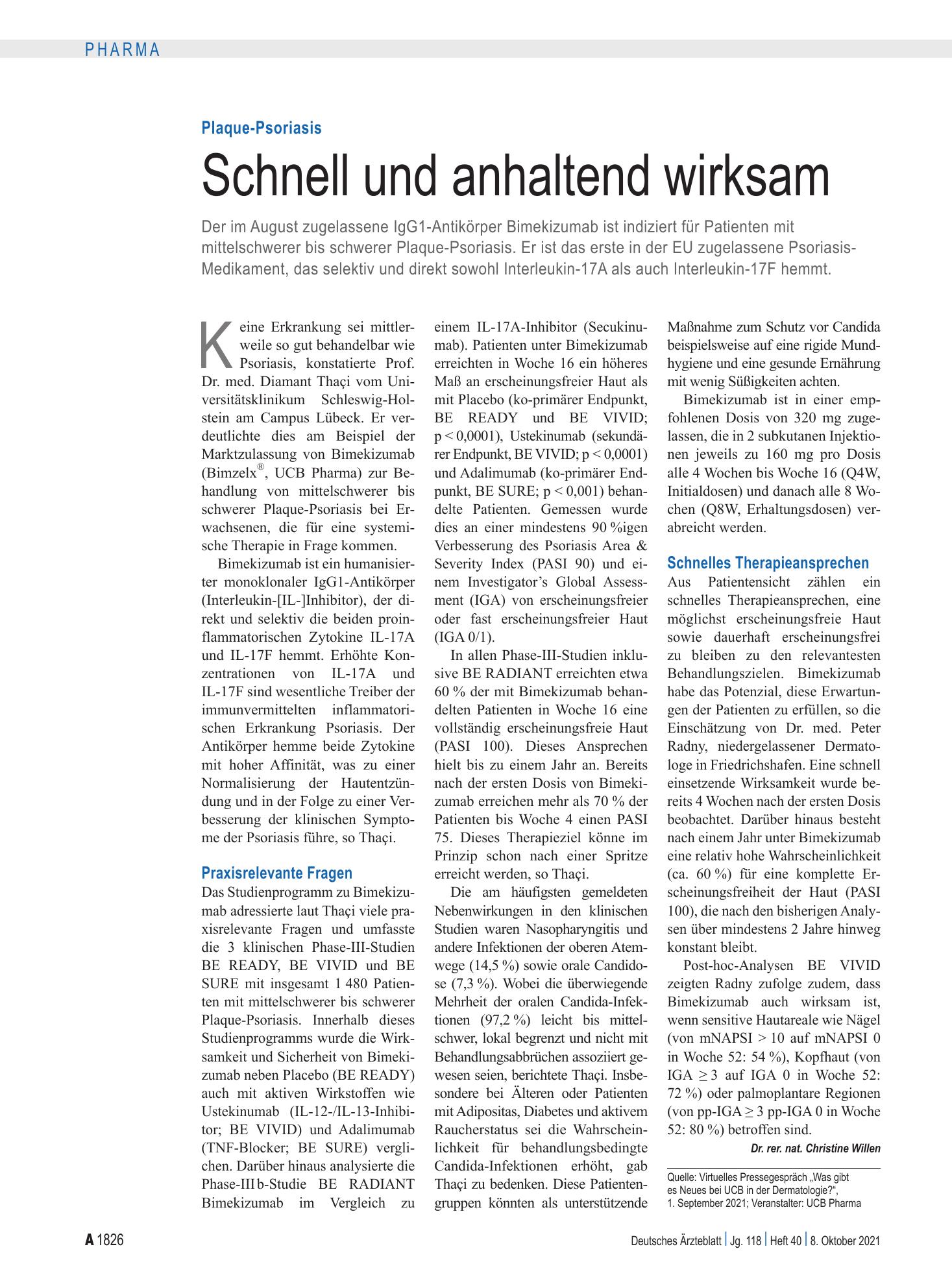 Vorschauseite 1: Plaque-Psoriasis: Schnell und anhaltend wirksam – Deutsches Ärzteblatt