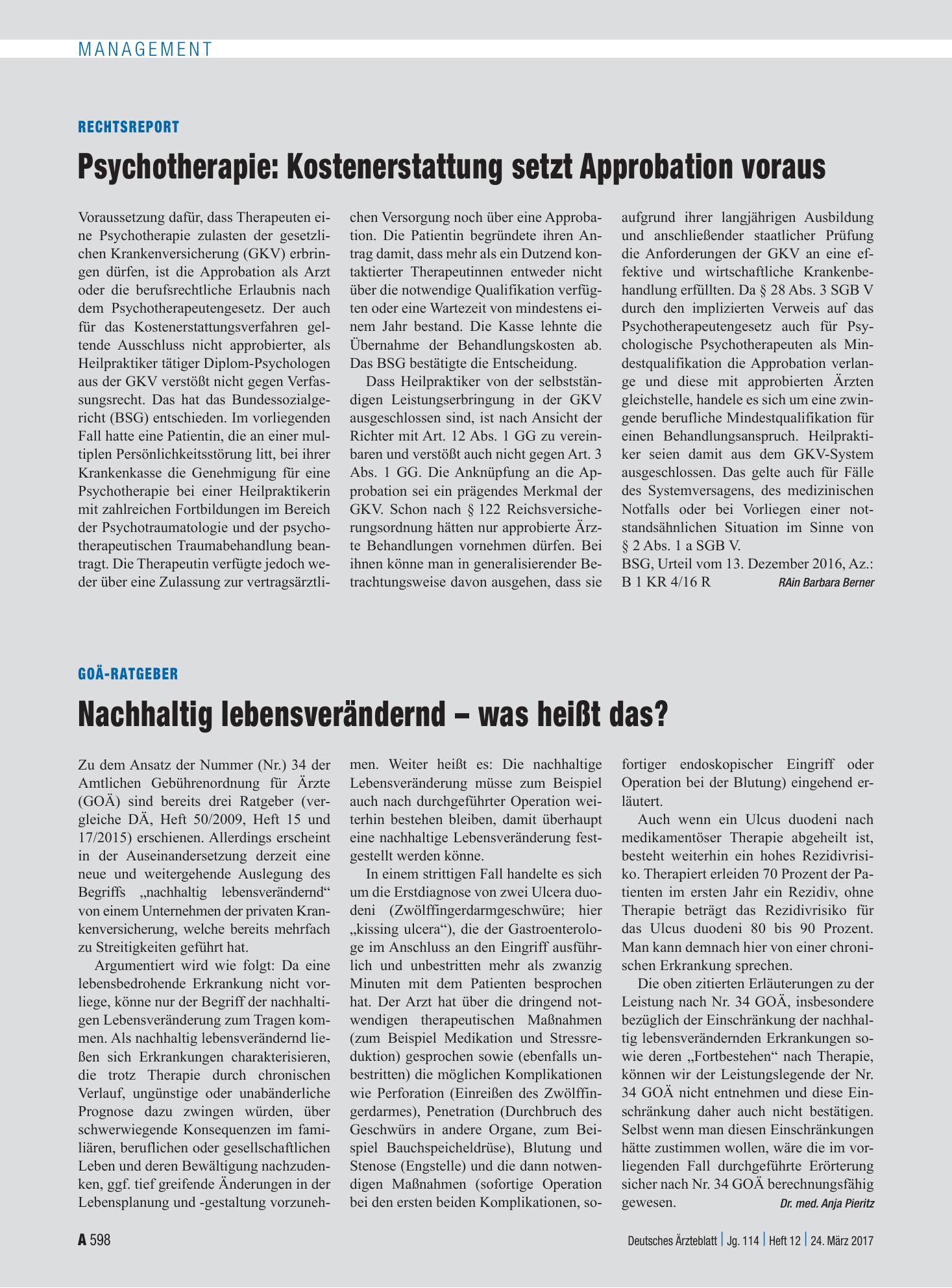 Vorschauseite 1: GOÄ-Ratgeber: Nachhaltig lebensverändernd – was heißt das? – Deutsches Ärzteblatt