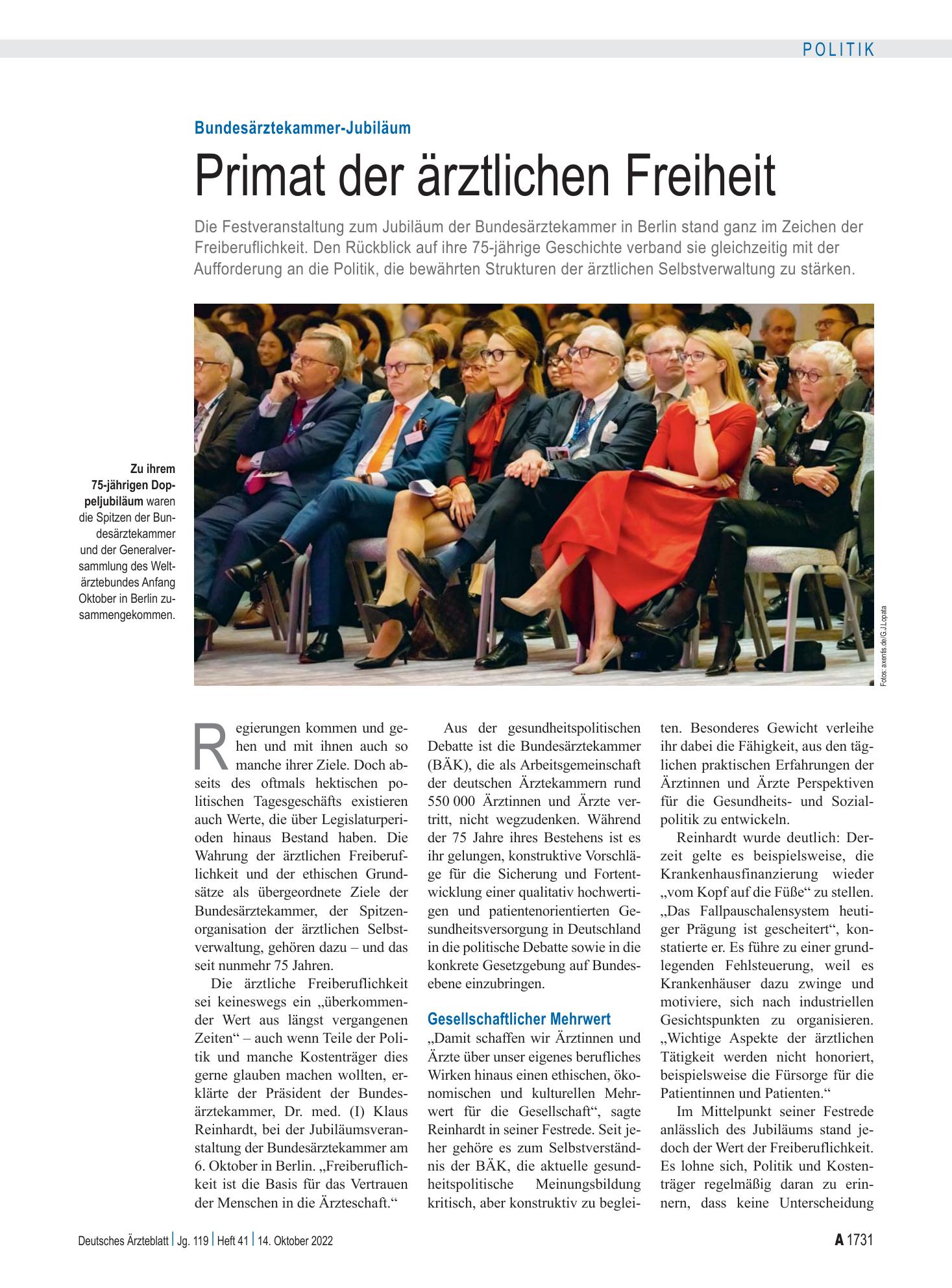 Vorschauseite 1: Bundesärztekammer-Jubiläum: Primat der ärztlichen Freiheit – Deutsches Ärzteblatt