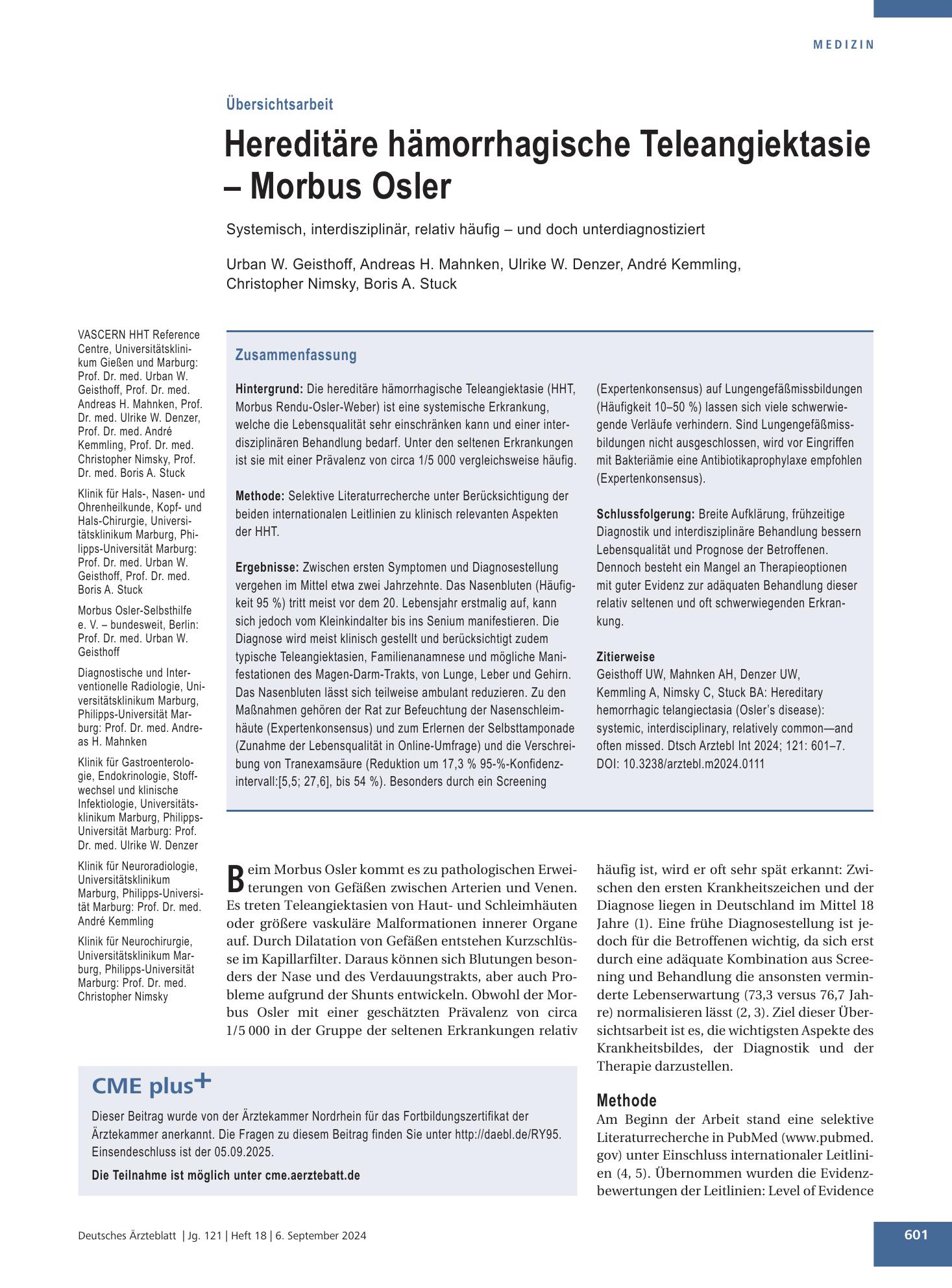 Vorschauseite 1: Hereditäre hämorrhagische Teleangiektasie – Morbus Osler – Deutsches Ärzteblatt