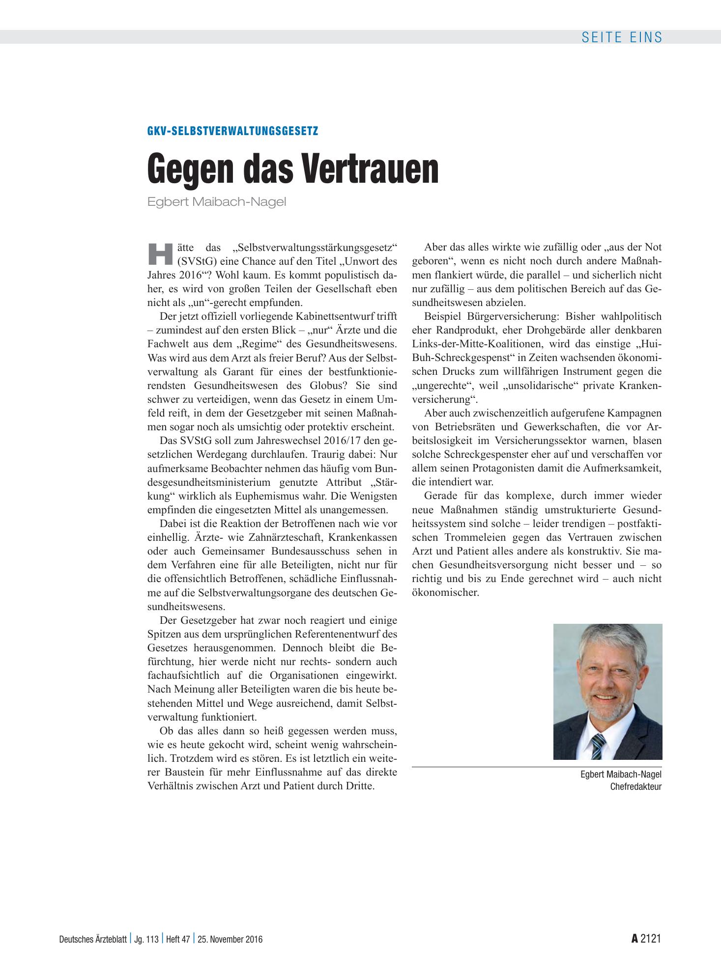Vorschauseite 1: GKV-Selbstverwaltungsgesetz: Gegen das Vertrauen – Deutsches Ärzteblatt